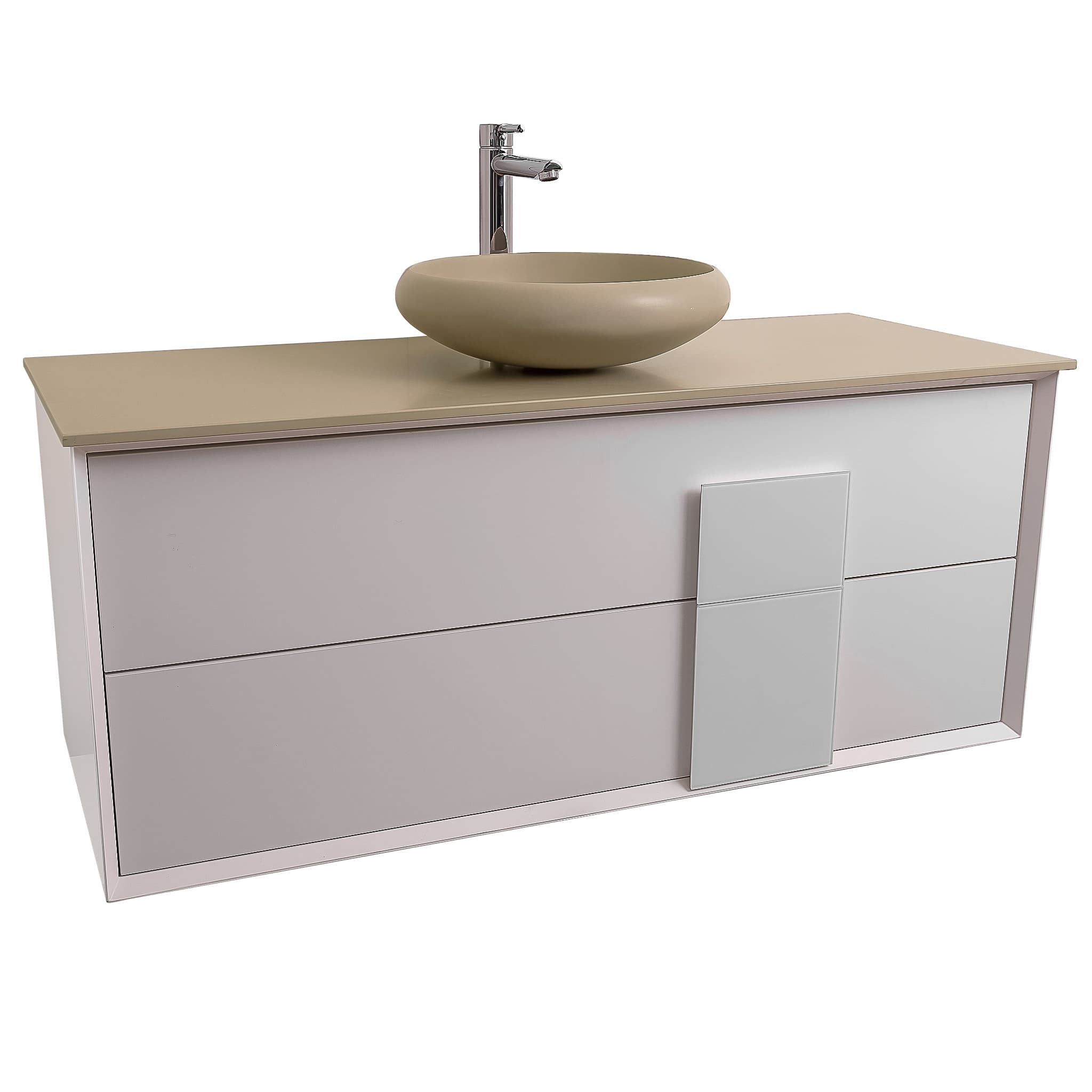 Piazza 47.5 Matte White With White Handle Cabinet, Solid Surface Flat Taupe Counter and Round Solid Surface Taupe Basin 1153, Wall Mounted Modern Vanity Set