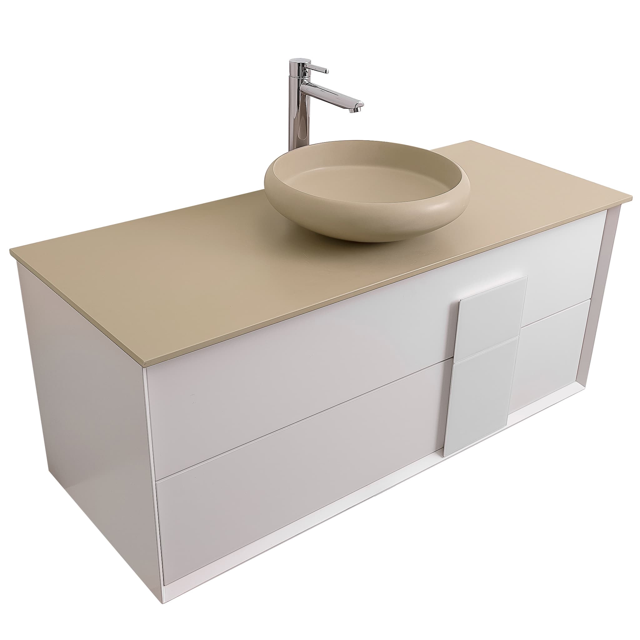 Piazza 47.5 Matte White With White Handle Cabinet, Solid Surface Flat Taupe Counter and Round Solid Surface Taupe Basin 1153, Wall Mounted Modern Vanity Set
