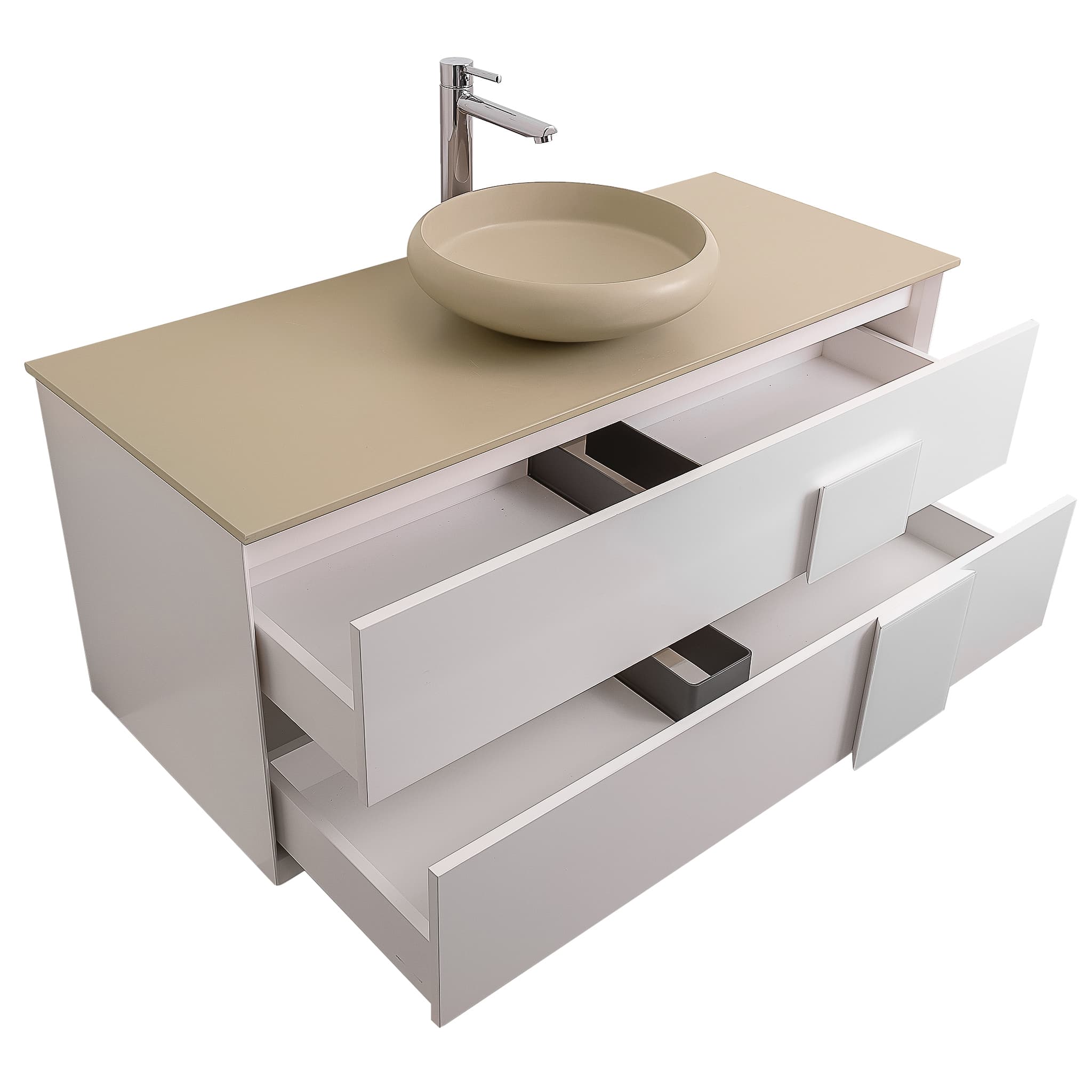 Piazza 47.5 Matte White With White Handle Cabinet, Solid Surface Flat Taupe Counter and Round Solid Surface Taupe Basin 1153, Wall Mounted Modern Vanity Set