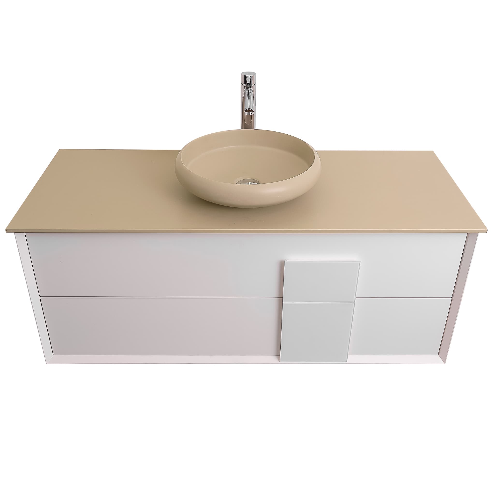 Piazza 47.5 Matte White With White Handle Cabinet, Solid Surface Flat Taupe Counter and Round Solid Surface Taupe Basin 1153, Wall Mounted Modern Vanity Set