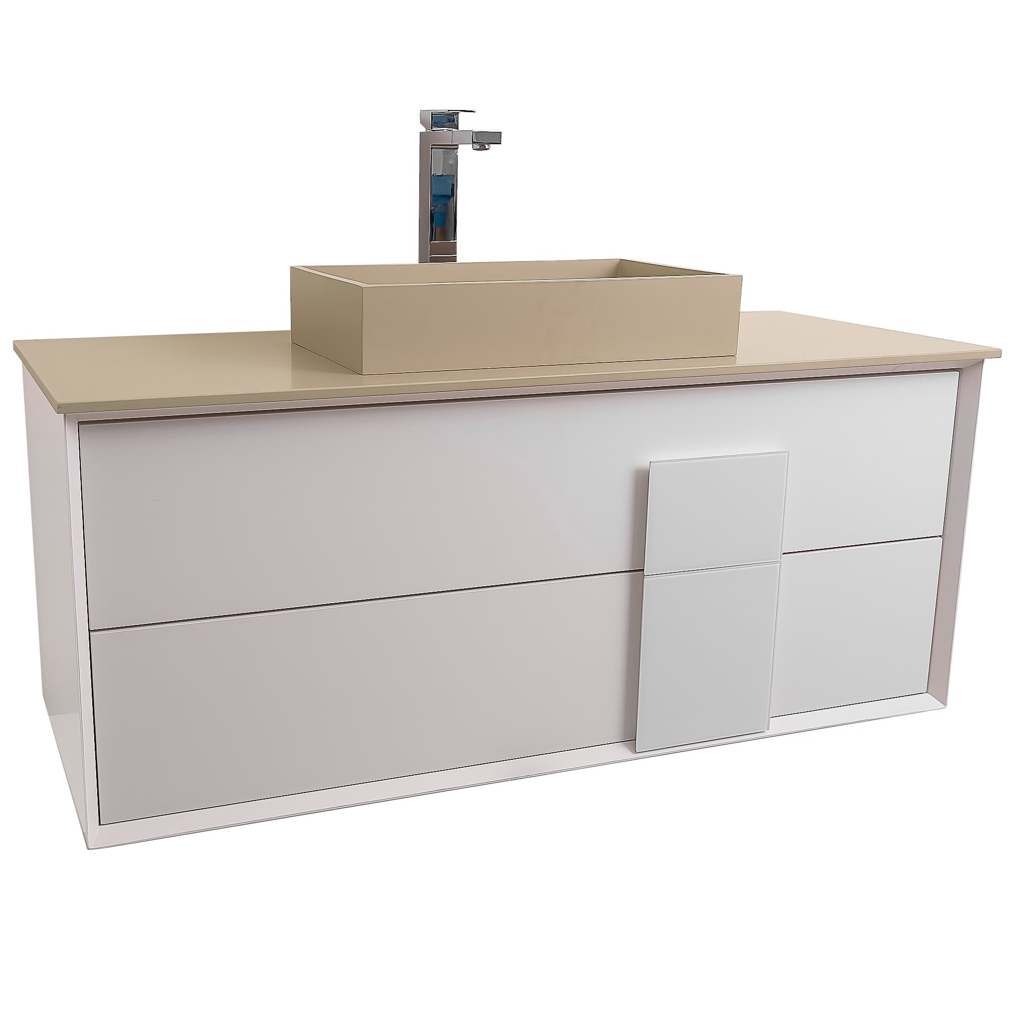 Piazza 47.5 Matte White With White Handle Cabinet, Solid Surface Flat Taupe Counter and Infinity Square Solid Surface Taupe Basin 1329, Wall Mounted Modern Vanity Set