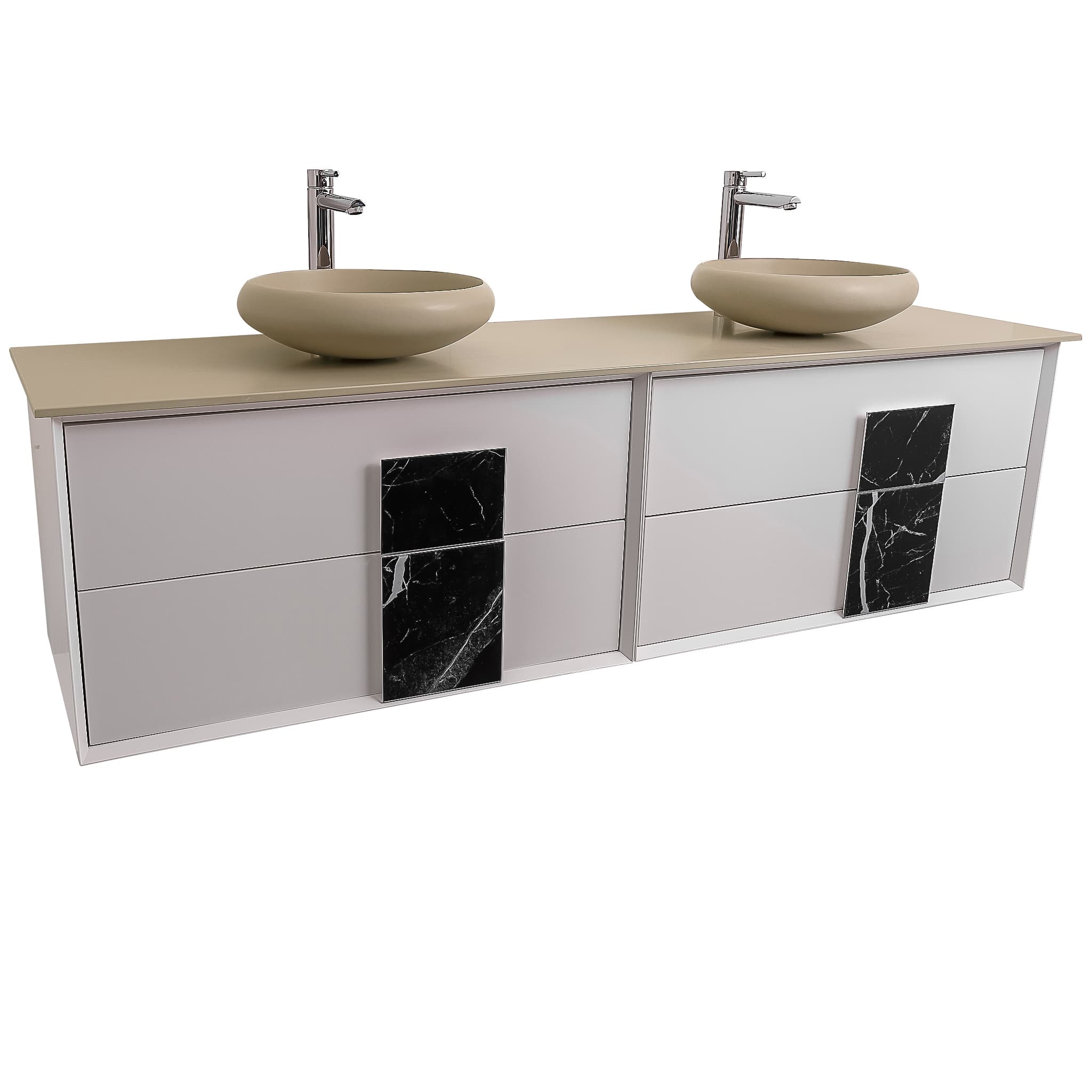 Piazza 63 Matte White With Black Marble  Handle Cabinet, Solid Surface Flat Taupe Counter and Two Round Solid Surface Taupe Basin 1153, Wall Mounted Modern Vanity Set