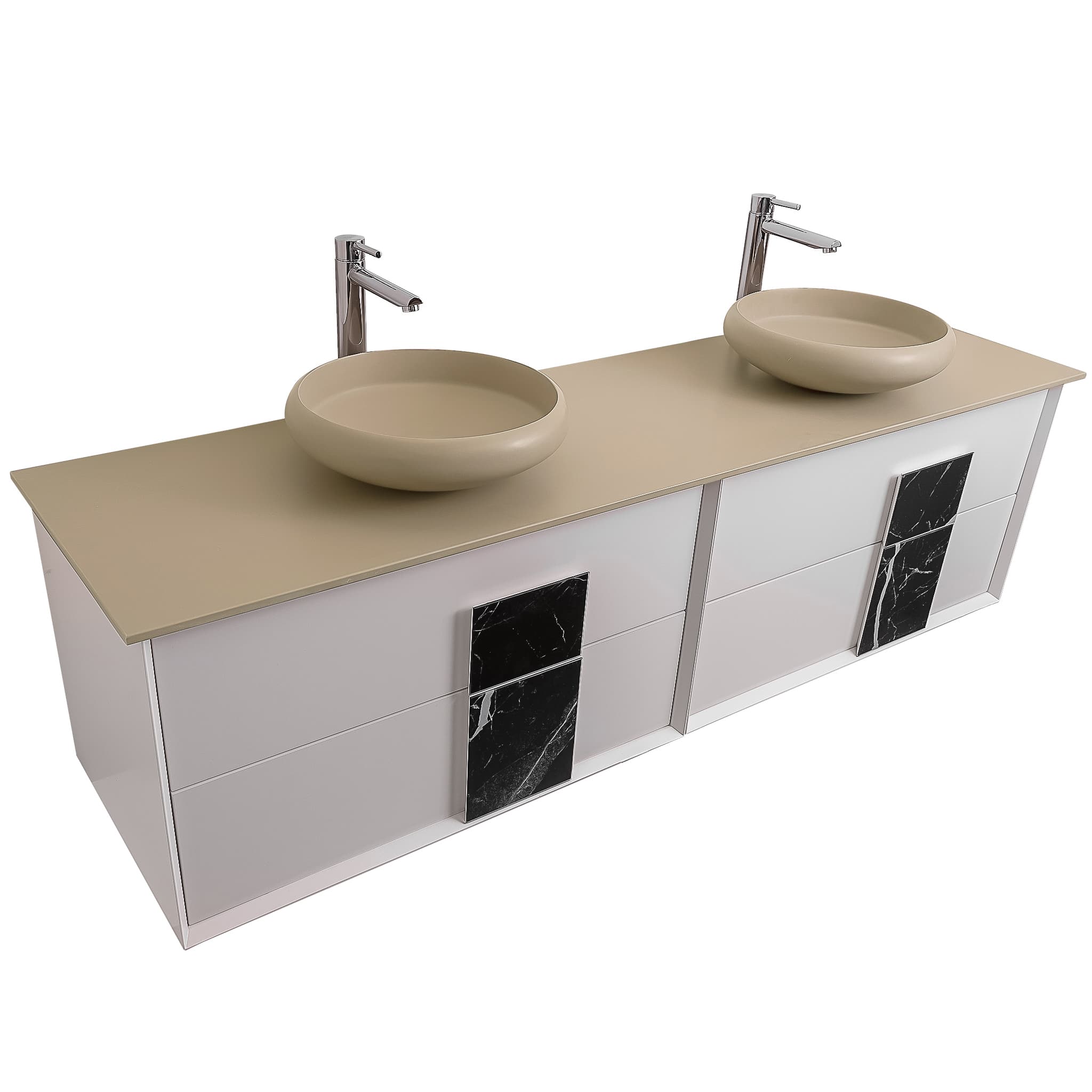 Piazza 63 Matte White With Black Marble  Handle Cabinet, Solid Surface Flat Taupe Counter and Two Round Solid Surface Taupe Basin 1153, Wall Mounted Modern Vanity Set