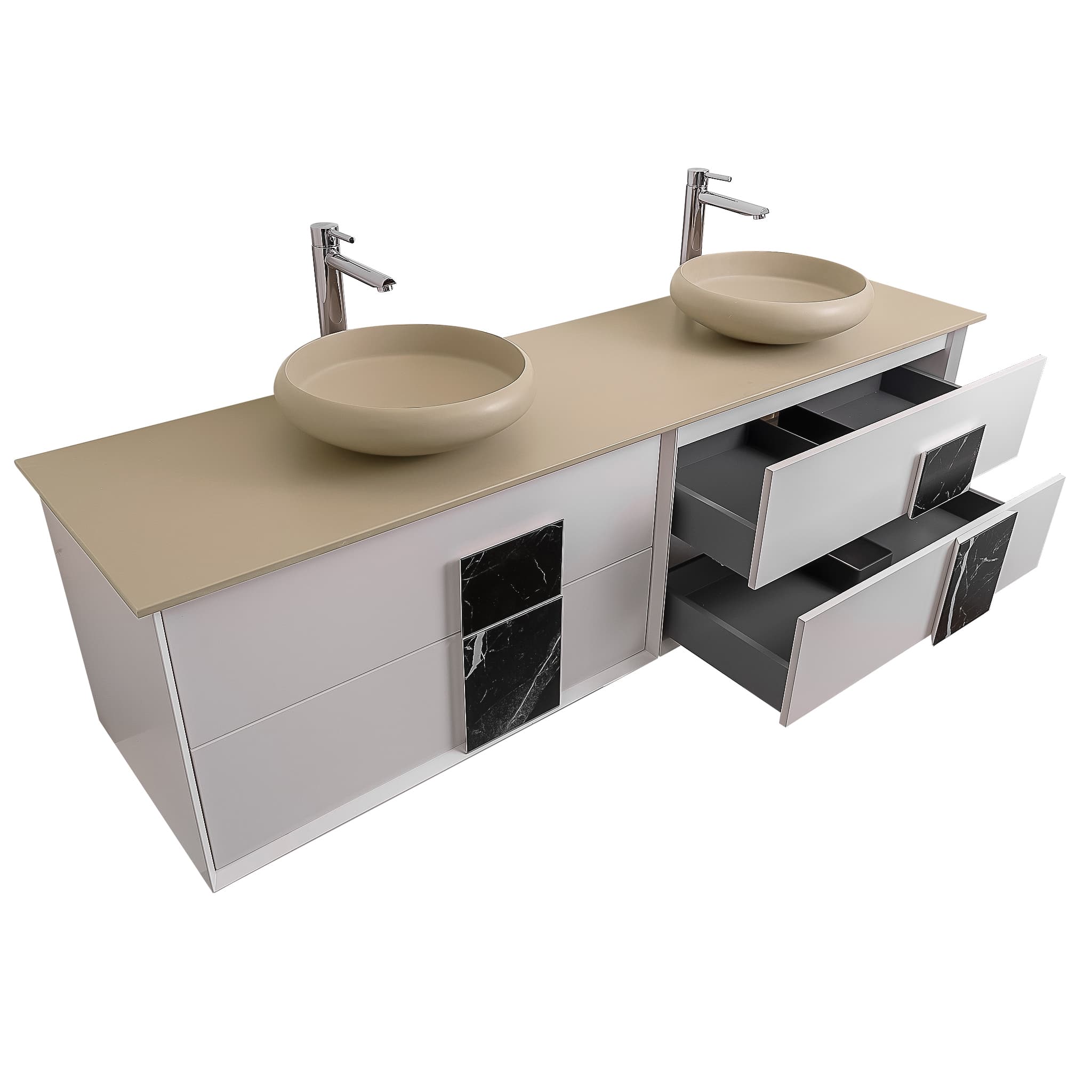 Piazza 63 Matte White With Black Marble  Handle Cabinet, Solid Surface Flat Taupe Counter and Two Round Solid Surface Taupe Basin 1153, Wall Mounted Modern Vanity Set
