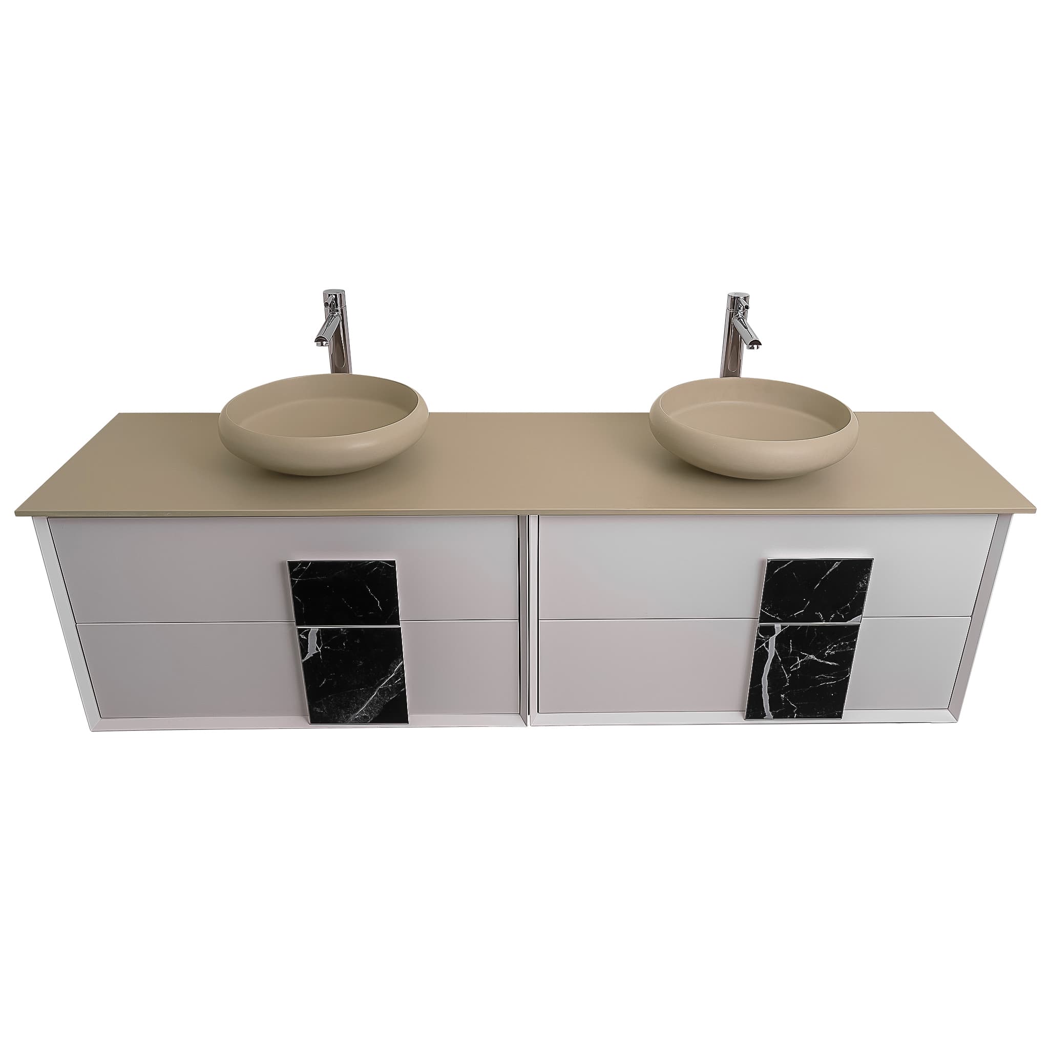 Piazza 63 Matte White With Black Marble  Handle Cabinet, Solid Surface Flat Taupe Counter and Two Round Solid Surface Taupe Basin 1153, Wall Mounted Modern Vanity Set