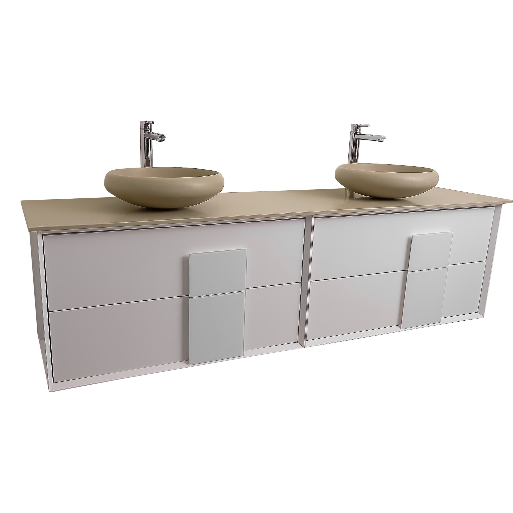 Piazza 63 Matte White With White Handle Cabinet, Solid Surface Flat Taupe Counter and Two Round Solid Surface Taupe Basin 1153, Wall Mounted Modern Vanity Set