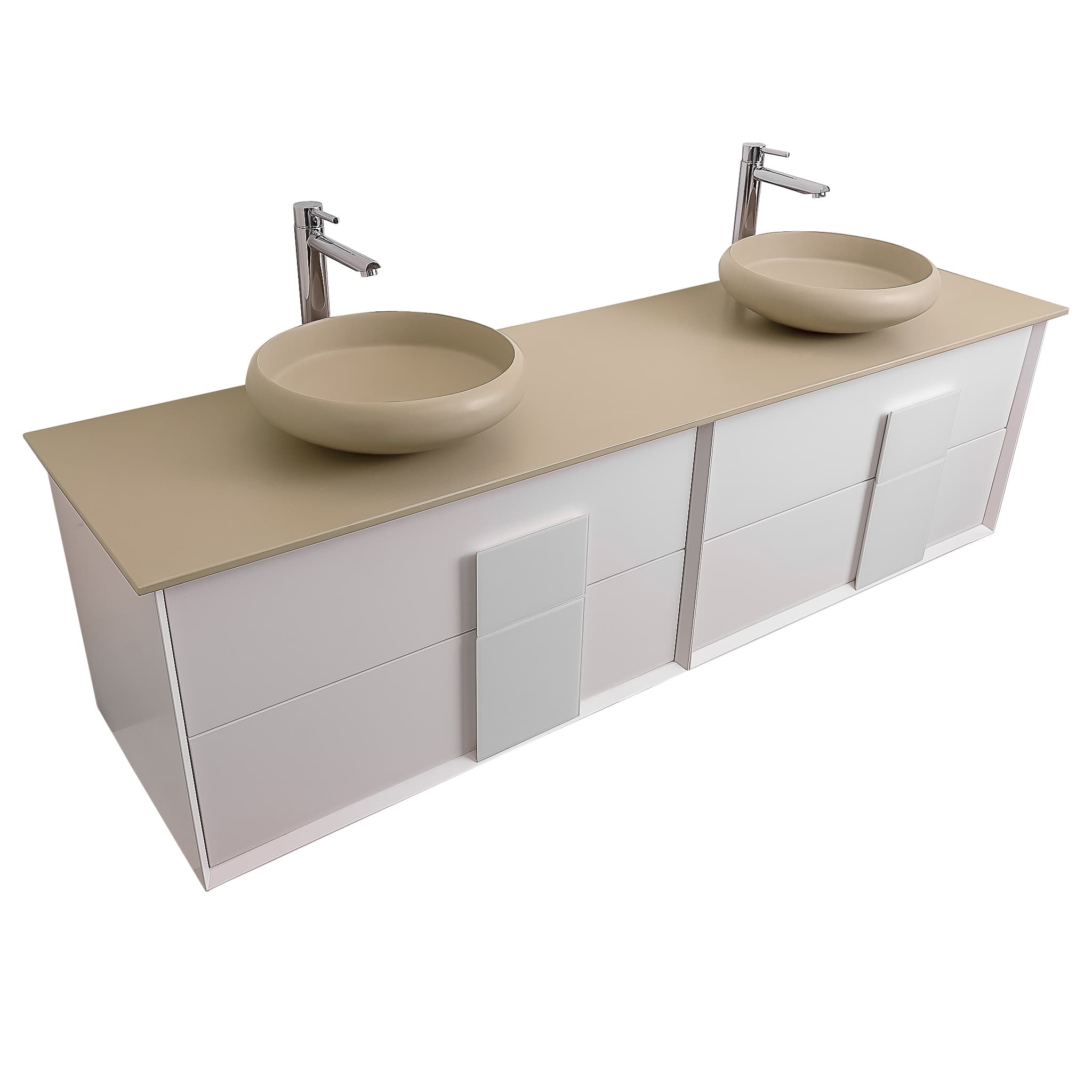 Piazza 63 Matte White With White Handle Cabinet, Solid Surface Flat Taupe Counter and Two Round Solid Surface Taupe Basin 1153, Wall Mounted Modern Vanity Set