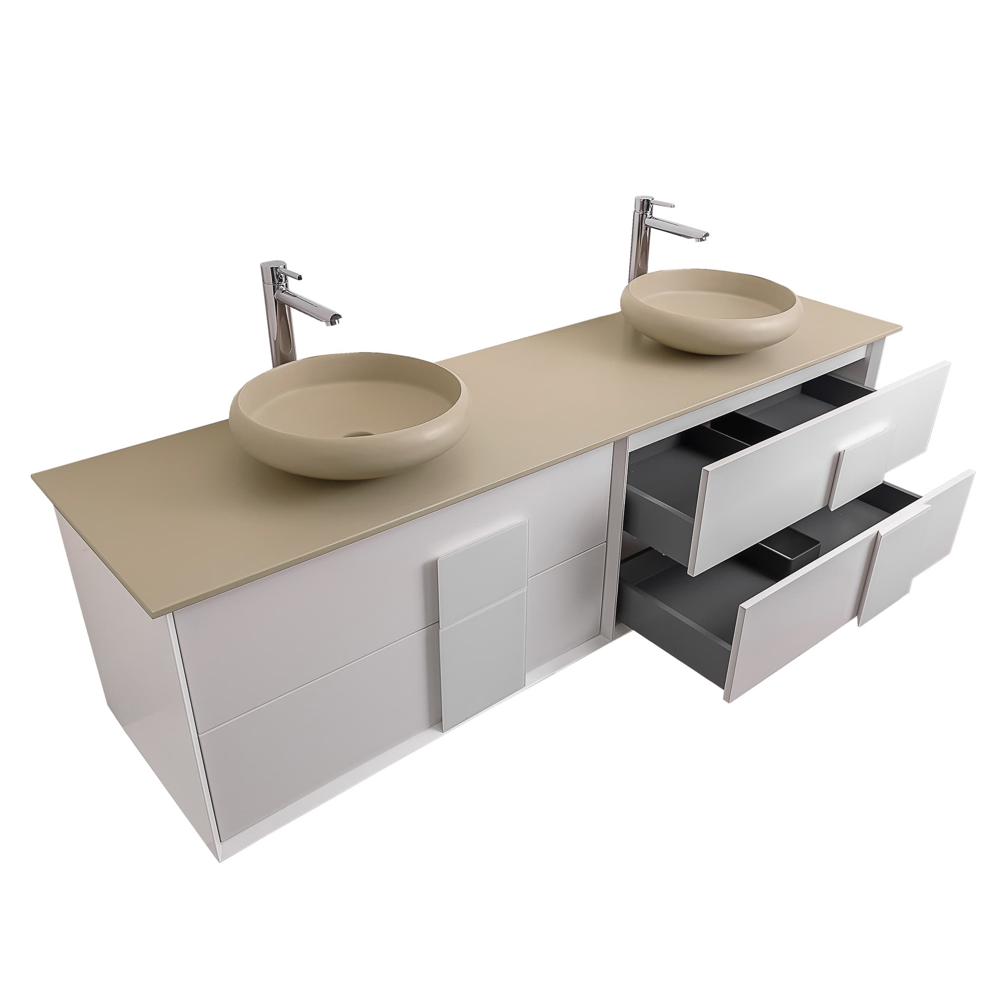 Piazza 63 Matte White With White Handle Cabinet, Solid Surface Flat Taupe Counter and Two Round Solid Surface Taupe Basin 1153, Wall Mounted Modern Vanity Set