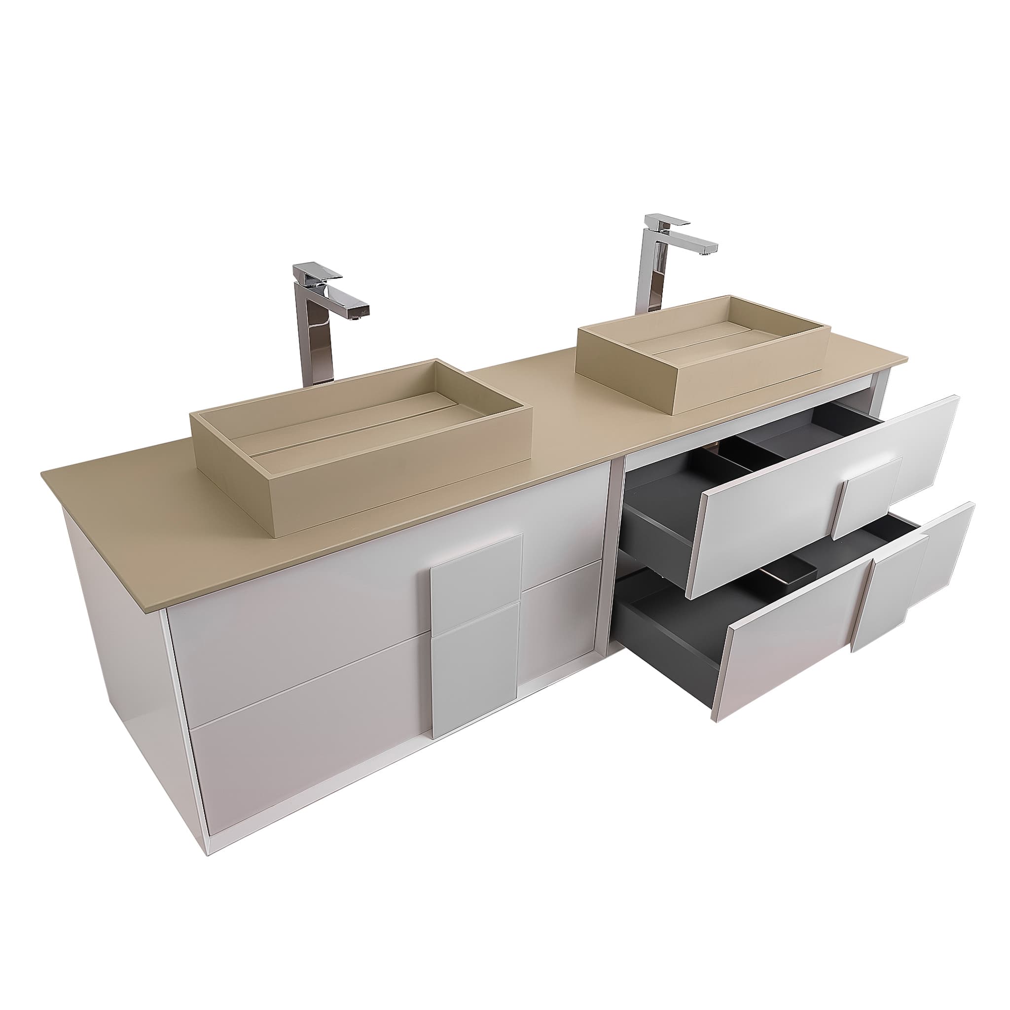 Piazza 63 Matte White With White Handle Cabinet, Solid Surface Flat Taupe Counter and Two Infinity Square Solid Surface Taupe Basin 1329, Wall Mounted Modern Vanity Set