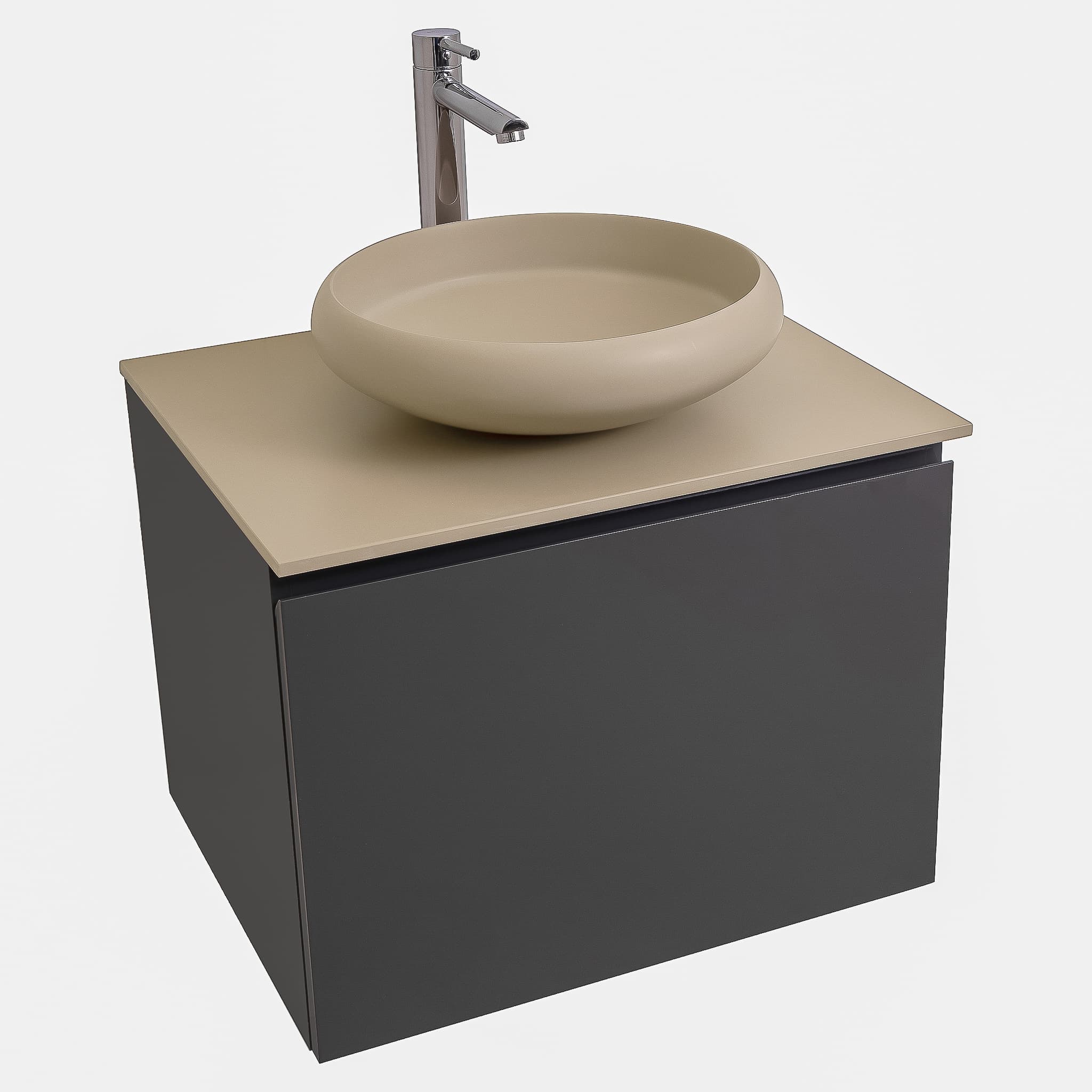 Venice 23.5 Anthracite High Gloss Cabinet, Solid Surface Flat Taupe Counter And Round Solid Surface Taupe Basin 1153, Wall Mounted Modern Vanity Set