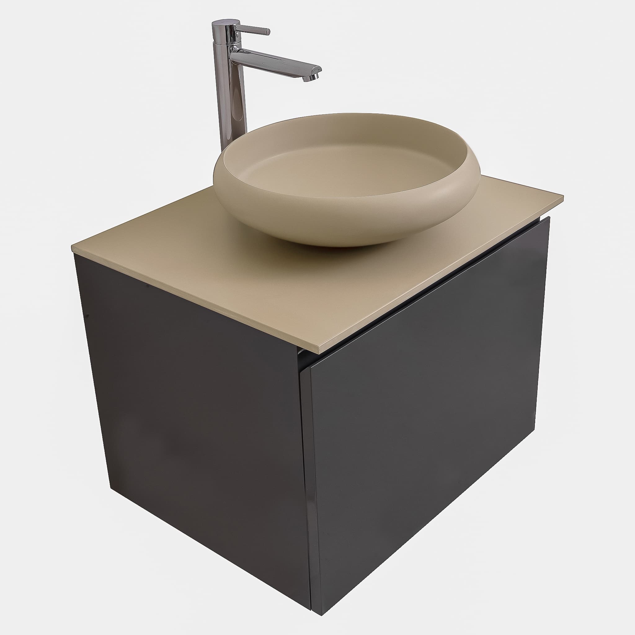 Venice 23.5 Anthracite High Gloss Cabinet, Solid Surface Flat Taupe Counter And Round Solid Surface Taupe Basin 1153, Wall Mounted Modern Vanity Set