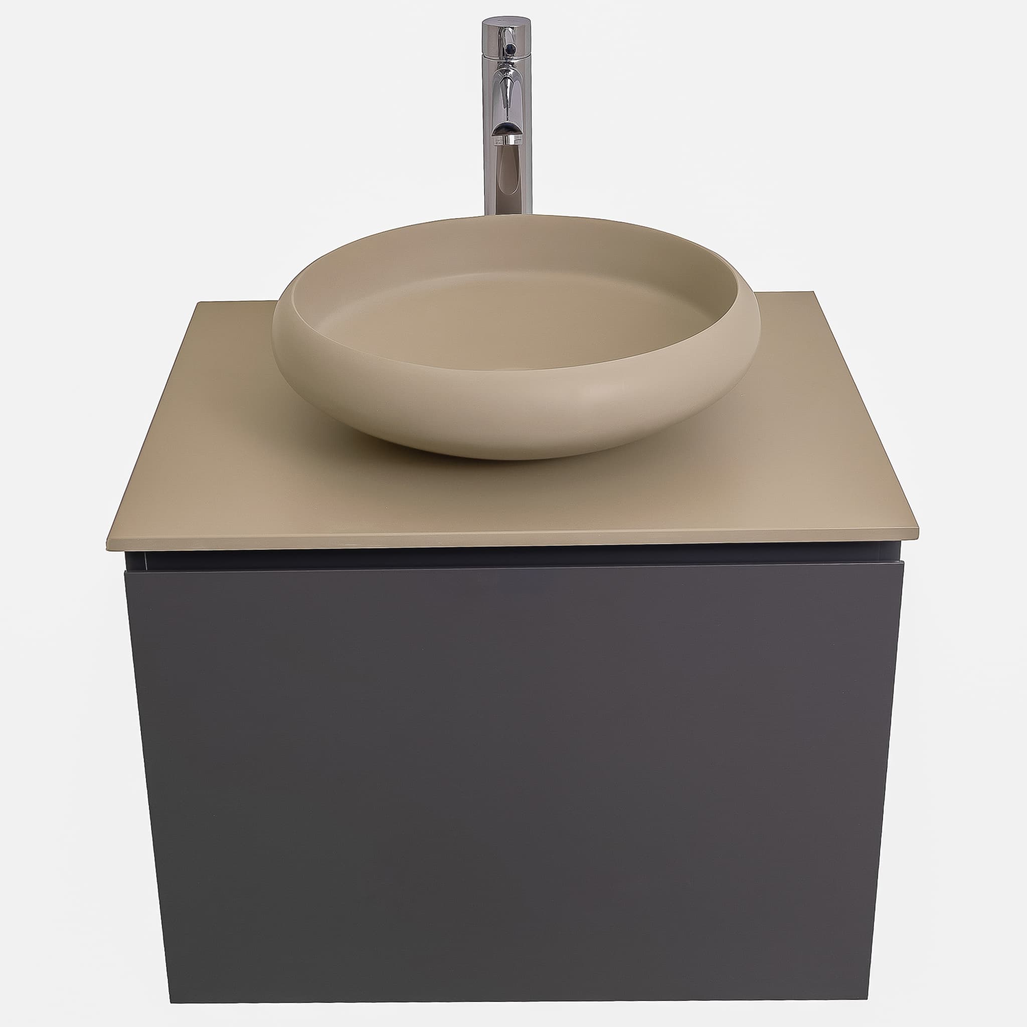 Venice 23.5 Anthracite High Gloss Cabinet, Solid Surface Flat Taupe Counter And Round Solid Surface Taupe Basin 1153, Wall Mounted Modern Vanity Set