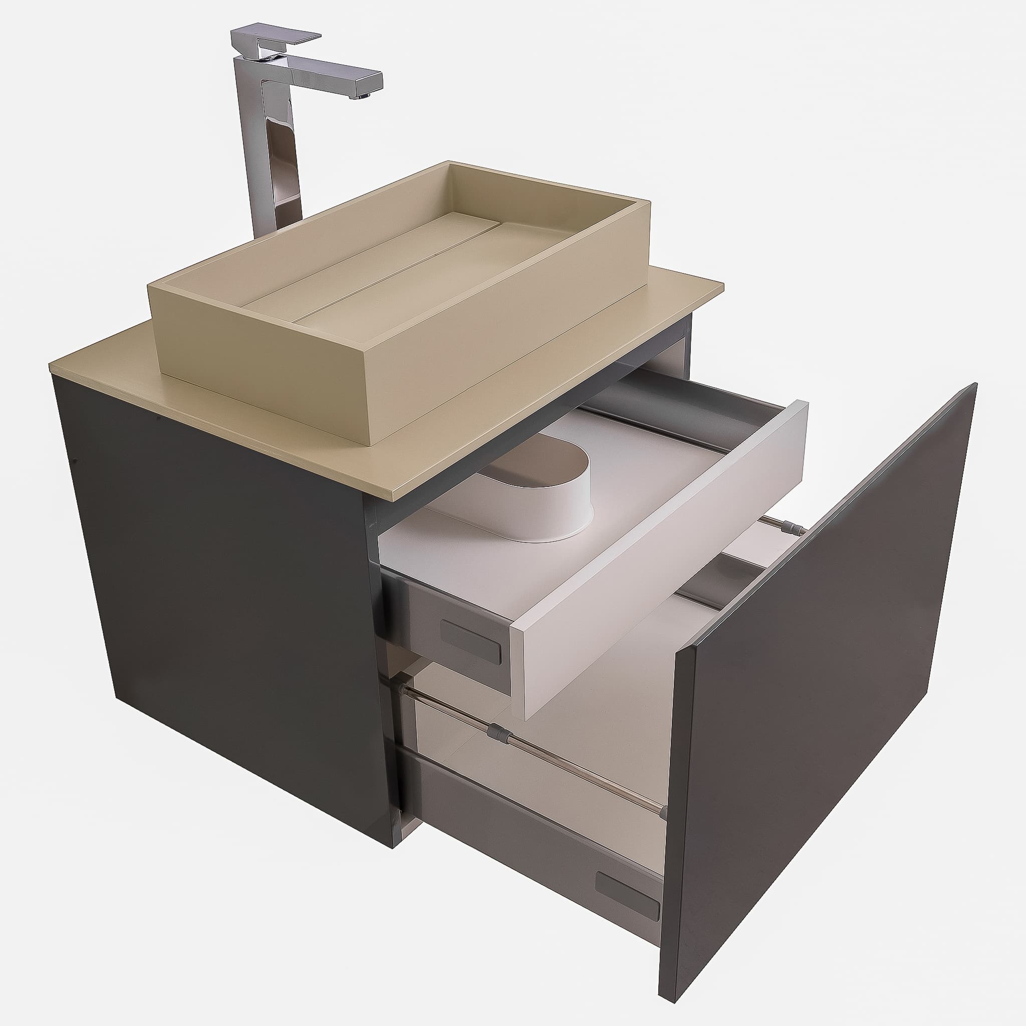 Venice 23.5 Anthracite High Gloss Cabinet, Solid Surface Flat Taupe Counter And Infinity Square Solid Surface Taupe Basin 1329, Wall Mounted Modern Vanity Set