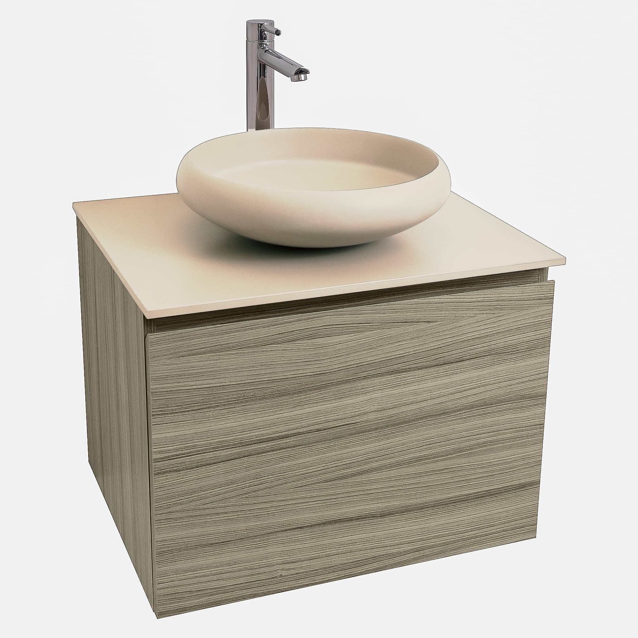 Venice 23.5 Nilo Grey Wood Texture Cabinet, Solid Surface Flat Taupe Counter And Round Solid Surface Taupe Basin 1153, Wall Mounted Modern Vanity Set