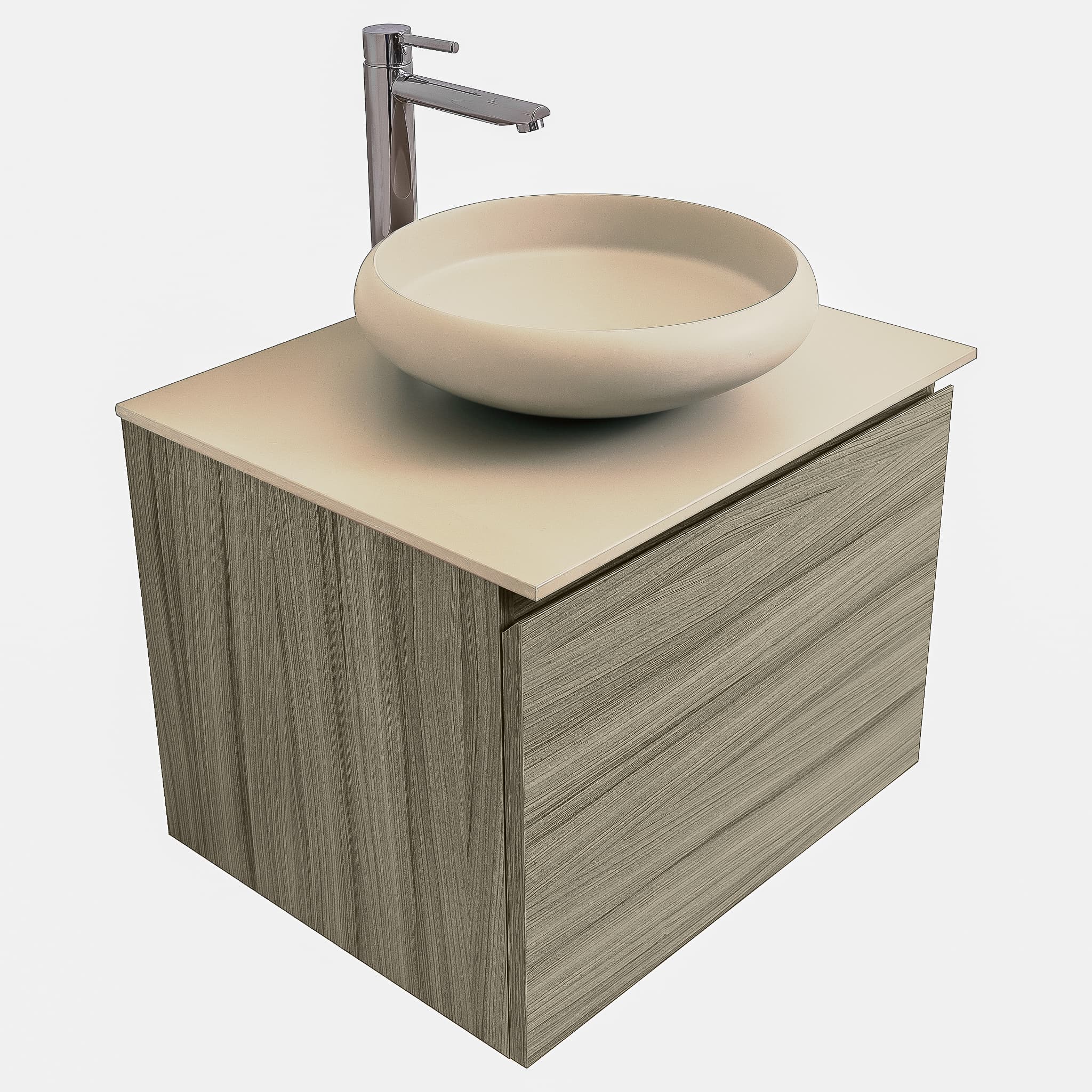 Venice 23.5 Nilo Grey Wood Texture Cabinet, Solid Surface Flat Taupe Counter And Round Solid Surface Taupe Basin 1153, Wall Mounted Modern Vanity Set