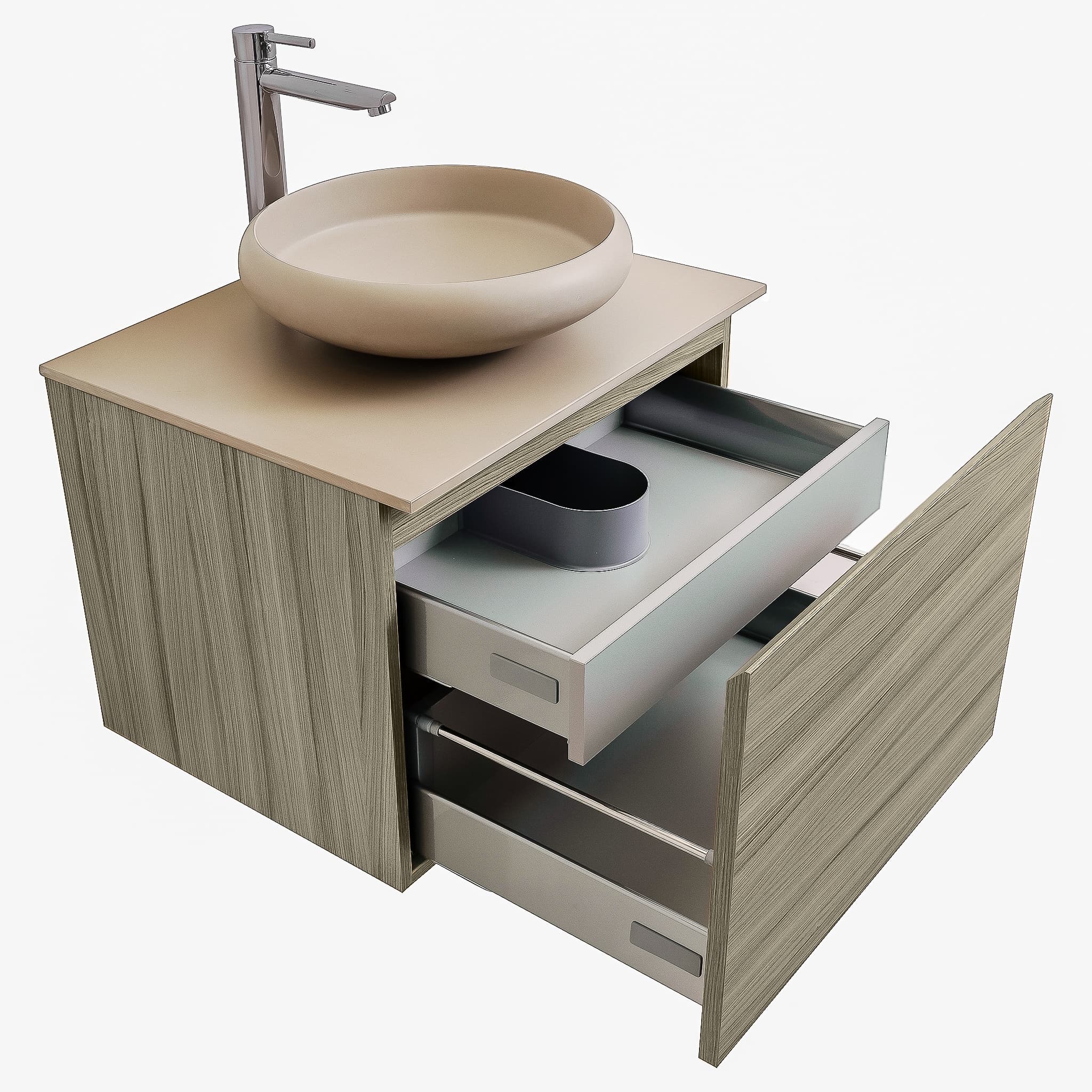 Venice 23.5 Nilo Grey Wood Texture Cabinet, Solid Surface Flat Taupe Counter And Round Solid Surface Taupe Basin 1153, Wall Mounted Modern Vanity Set