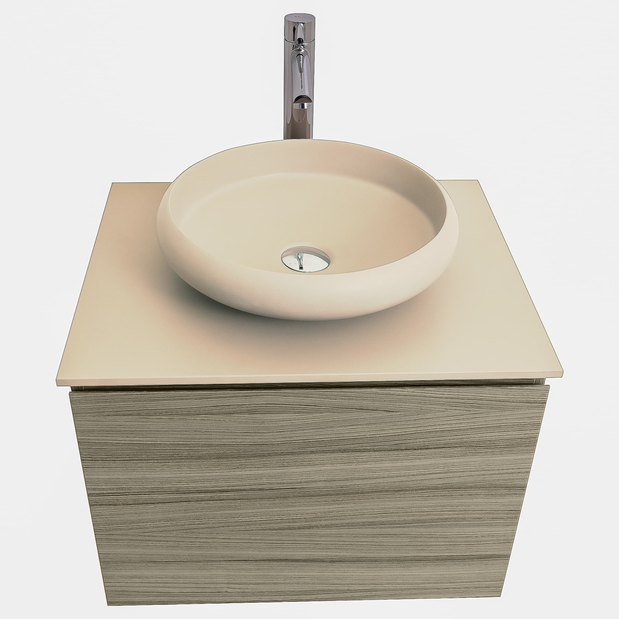 Venice 23.5 Nilo Grey Wood Texture Cabinet, Solid Surface Flat Taupe Counter And Round Solid Surface Taupe Basin 1153, Wall Mounted Modern Vanity Set