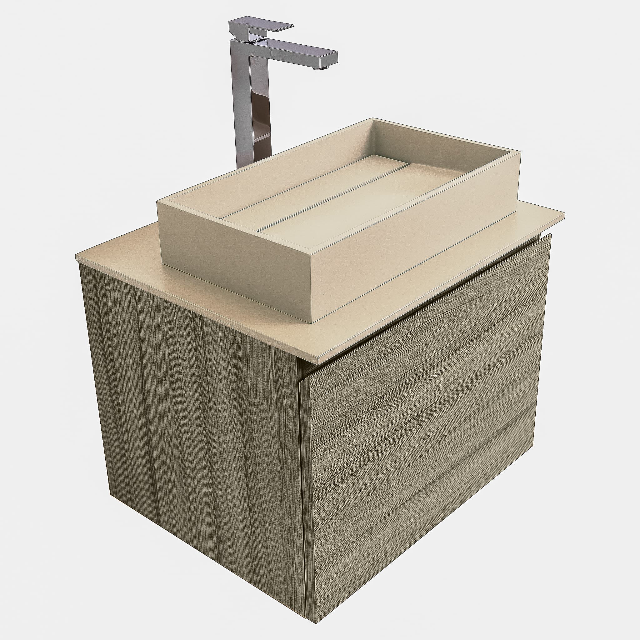 Venice 23.5 Nilo Grey Wood Texture Cabinet, Solid Surface Flat Taupe Counter And Infinity Square Solid Surface Taupe Basin 1329, Wall Mounted Modern Vanity Set