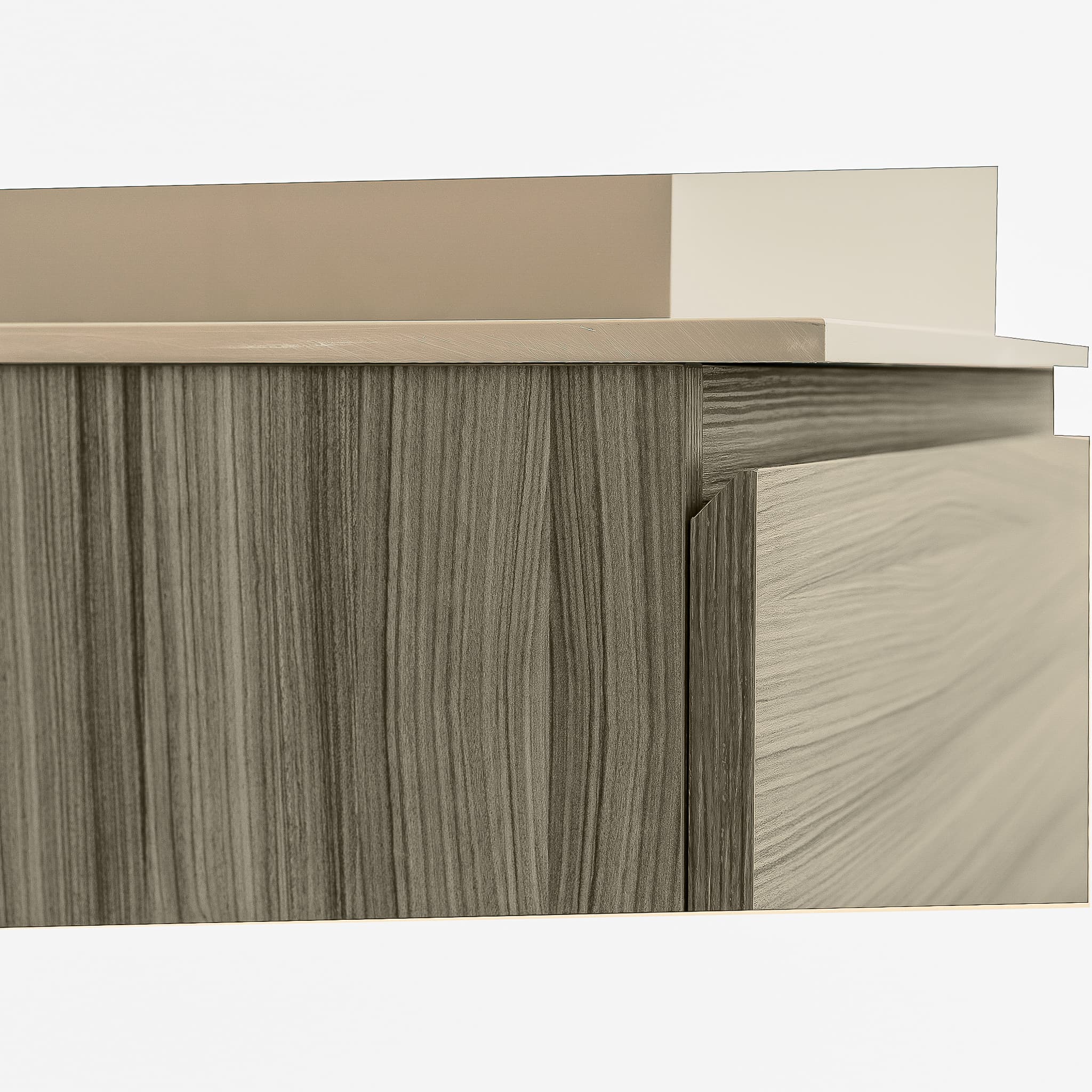 Venice 23.5 Nilo Grey Wood Texture Cabinet, Solid Surface Flat Taupe Counter And Infinity Square Solid Surface Taupe Basin 1329, Wall Mounted Modern Vanity Set