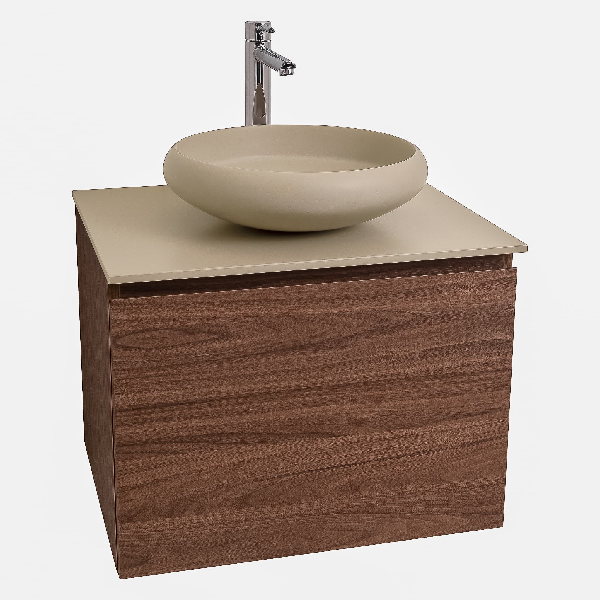 Venice 23.5 Walnut Wood Texture Cabinet, Solid Surface Flat Taupe Counter And Round Solid Surface Taupe Basin 1153, Wall Mounted Modern Vanity Set