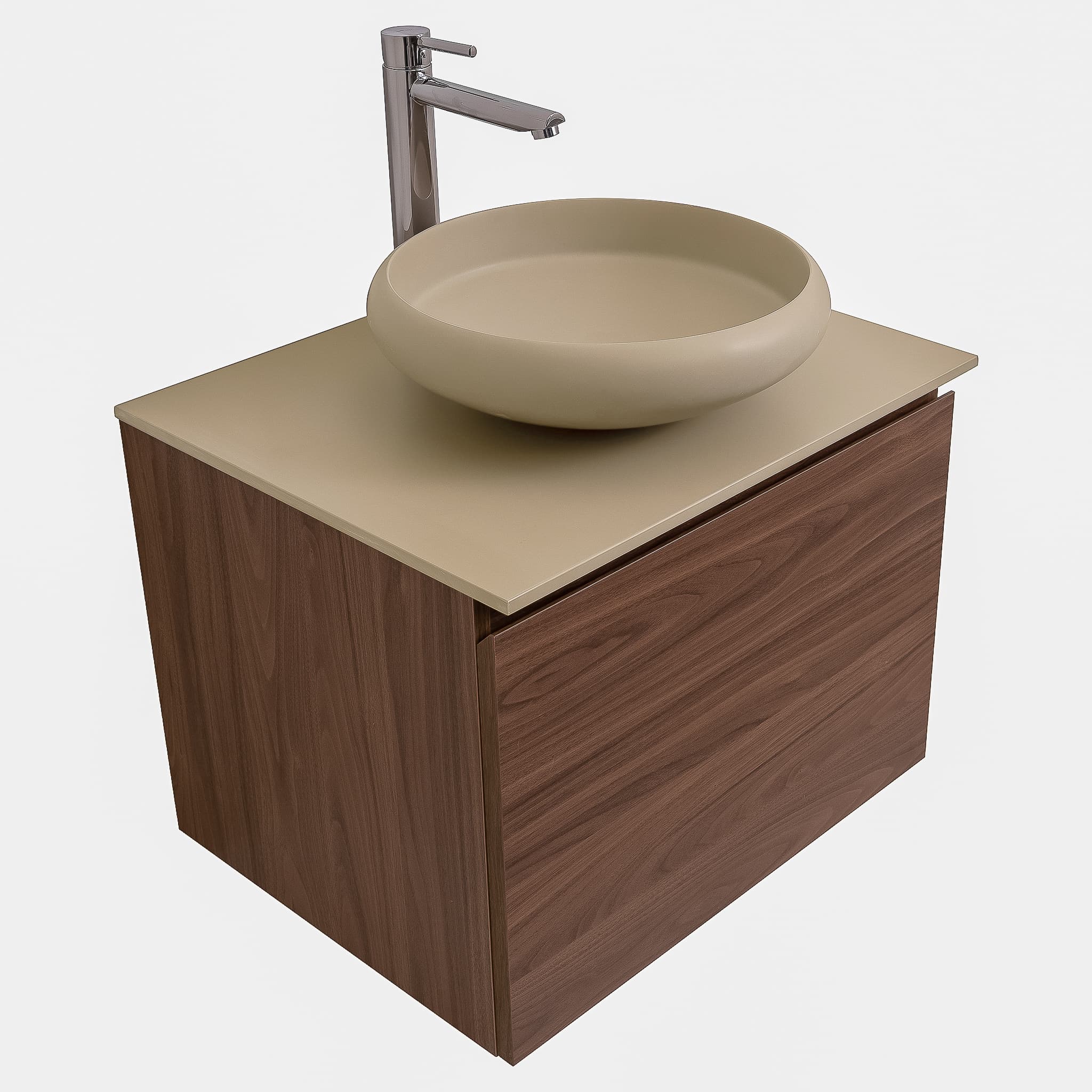 Venice 23.5 Walnut Wood Texture Cabinet, Solid Surface Flat Taupe Counter And Round Solid Surface Taupe Basin 1153, Wall Mounted Modern Vanity Set