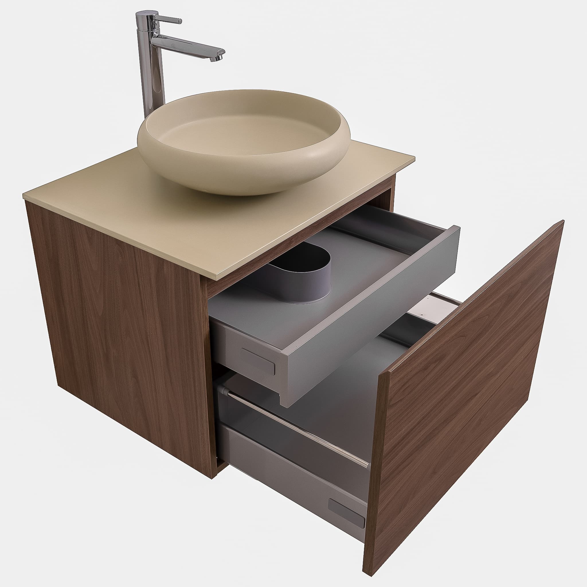 Venice 23.5 Walnut Wood Texture Cabinet, Solid Surface Flat Taupe Counter And Round Solid Surface Taupe Basin 1153, Wall Mounted Modern Vanity Set