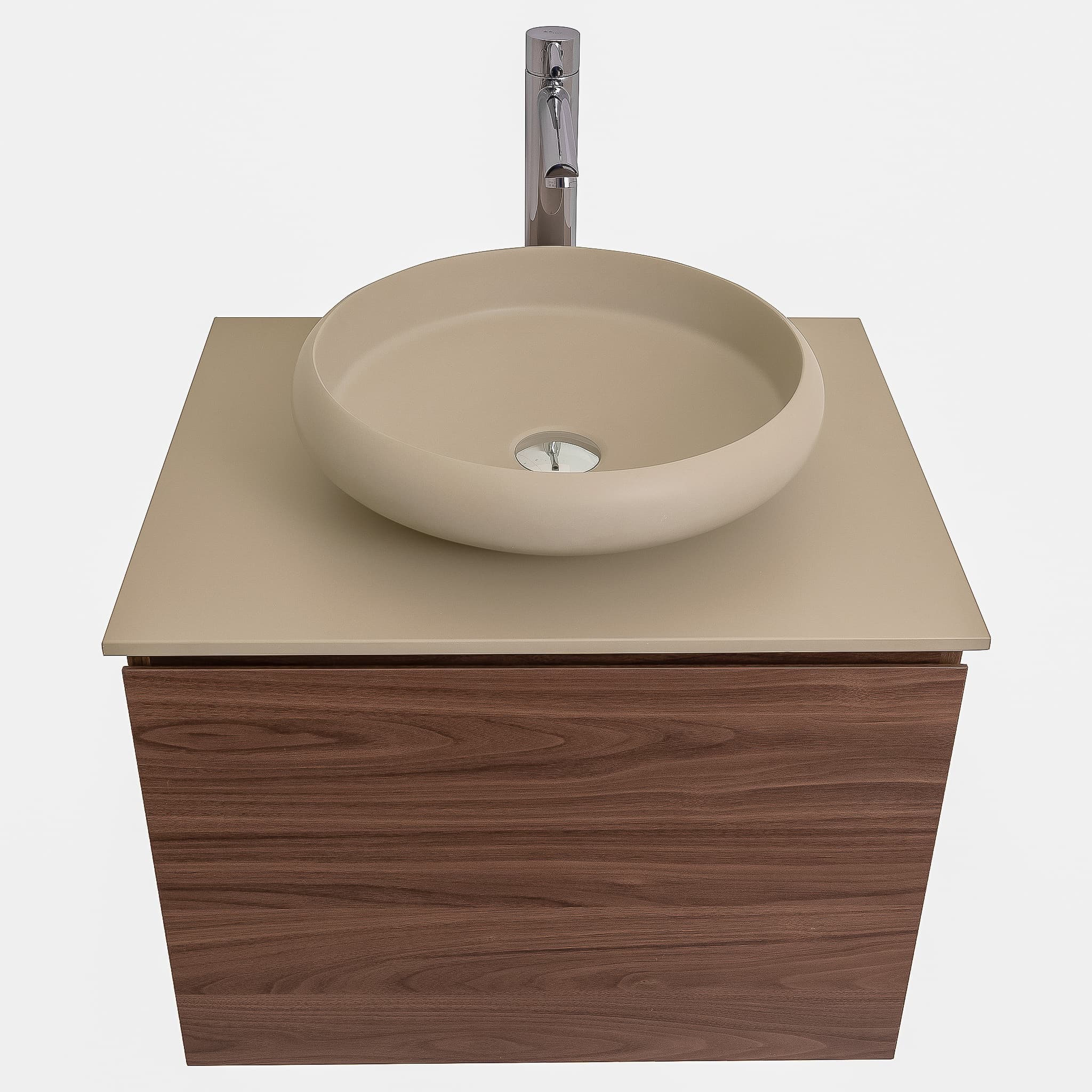 Venice 23.5 Walnut Wood Texture Cabinet, Solid Surface Flat Taupe Counter And Round Solid Surface Taupe Basin 1153, Wall Mounted Modern Vanity Set