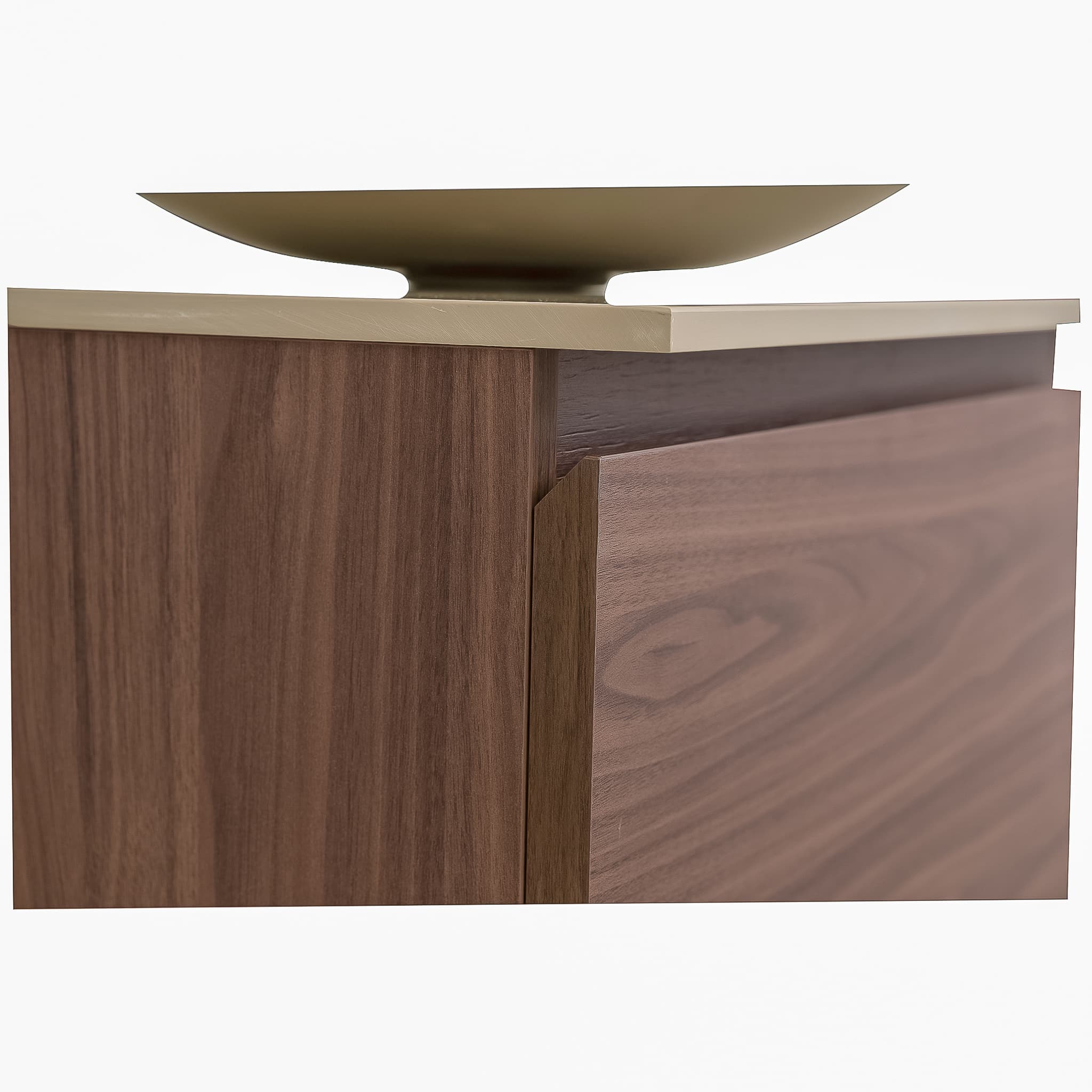 Venice 23.5 Walnut Wood Texture Cabinet, Solid Surface Flat Taupe Counter And Round Solid Surface Taupe Basin 1153, Wall Mounted Modern Vanity Set