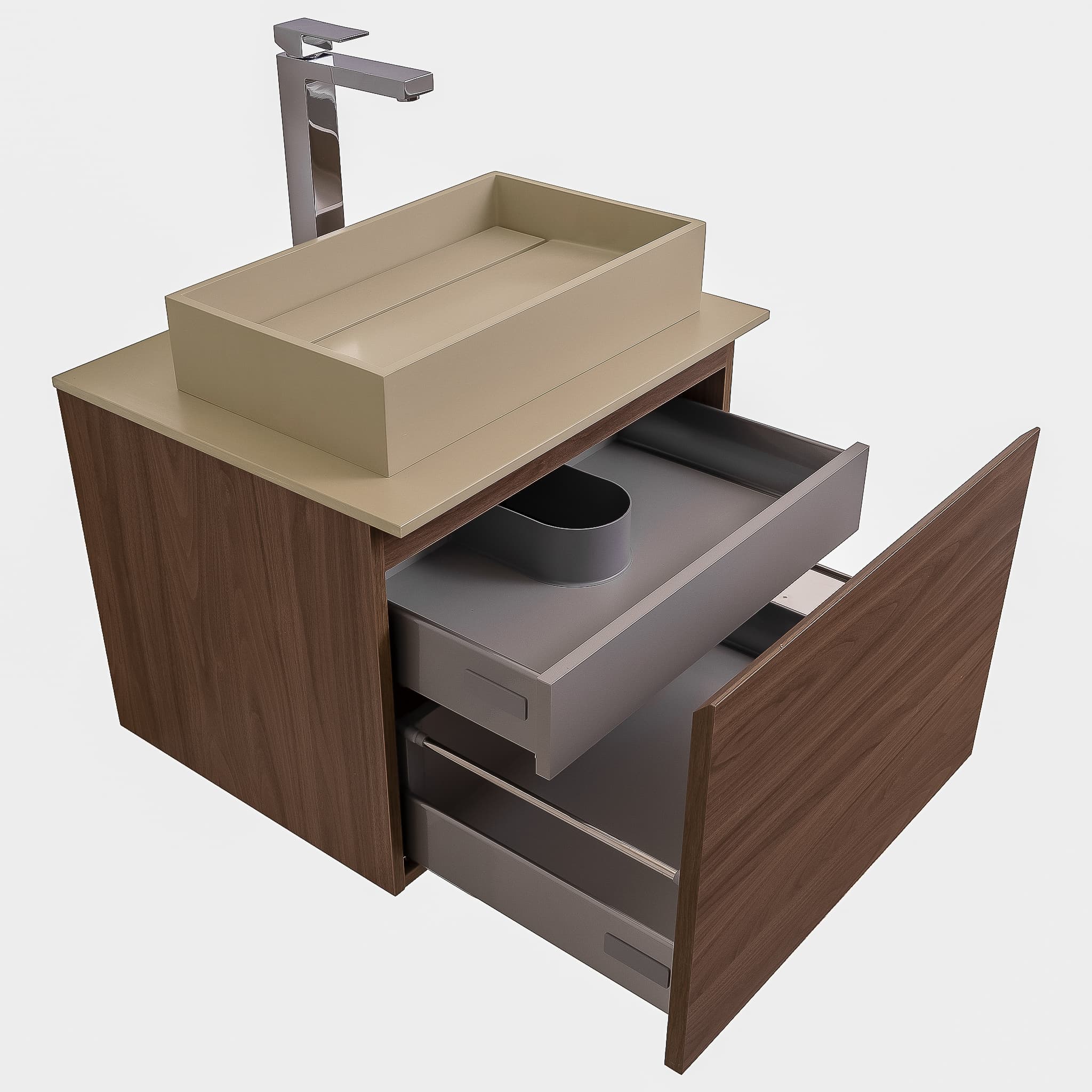 Venice 23.5 Walnut Wood Texture Cabinet, Solid Surface Flat Taupe Counter And Infinity Square Solid Surface Taupe Basin 1329, Wall Mounted Modern Vanity Set