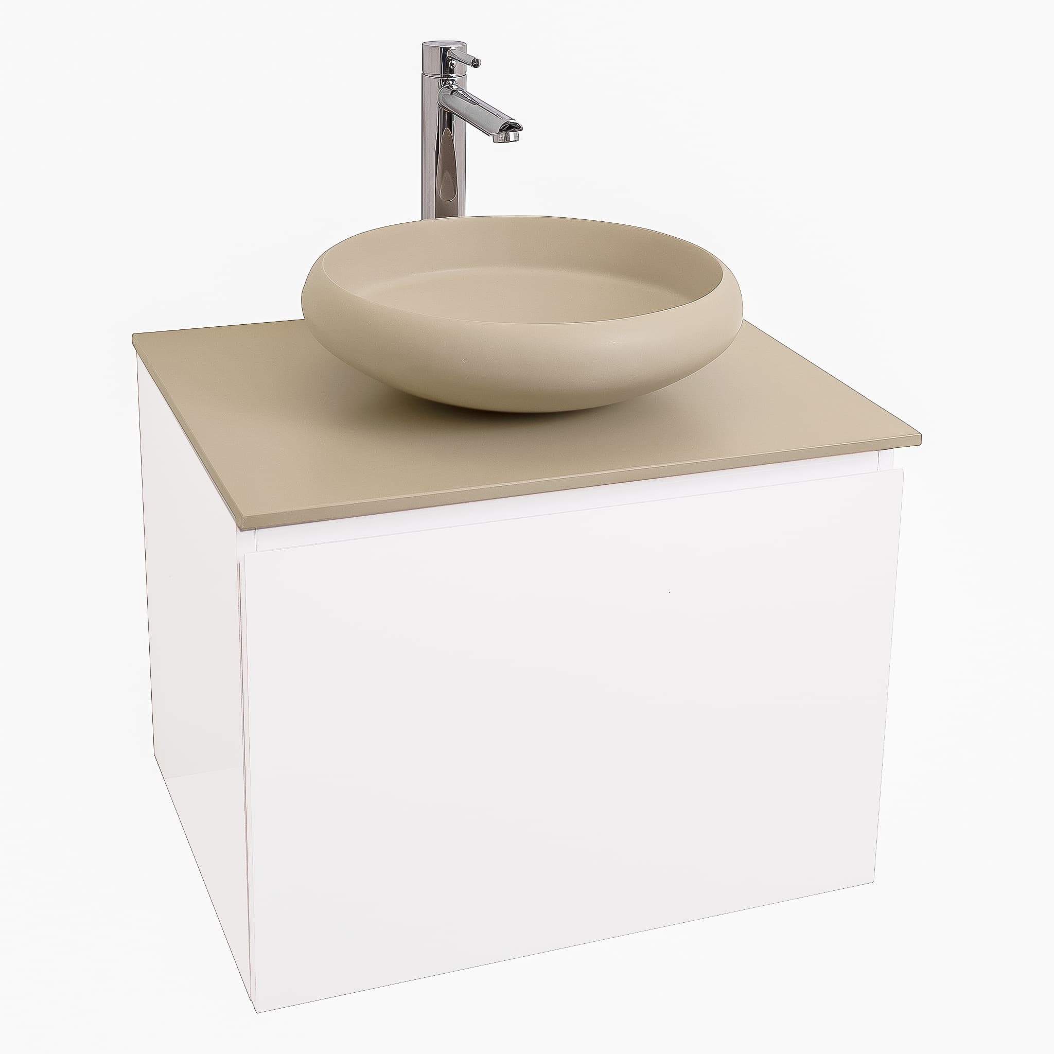 Venice 23.5 White High Gloss Cabinet, Solid Surface Flat Taupe Counter And Round Solid Surface Taupe Basin 1153, Wall Mounted Modern Vanity Set