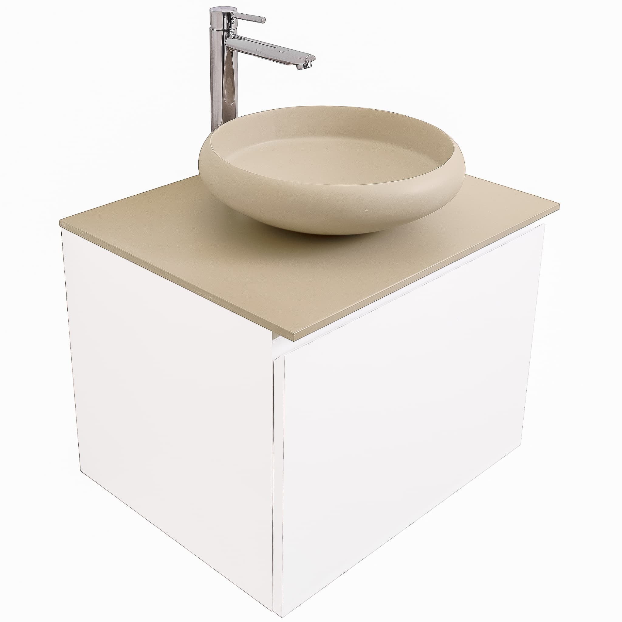 Venice 23.5 White High Gloss Cabinet, Solid Surface Flat Taupe Counter And Round Solid Surface Taupe Basin 1153, Wall Mounted Modern Vanity Set