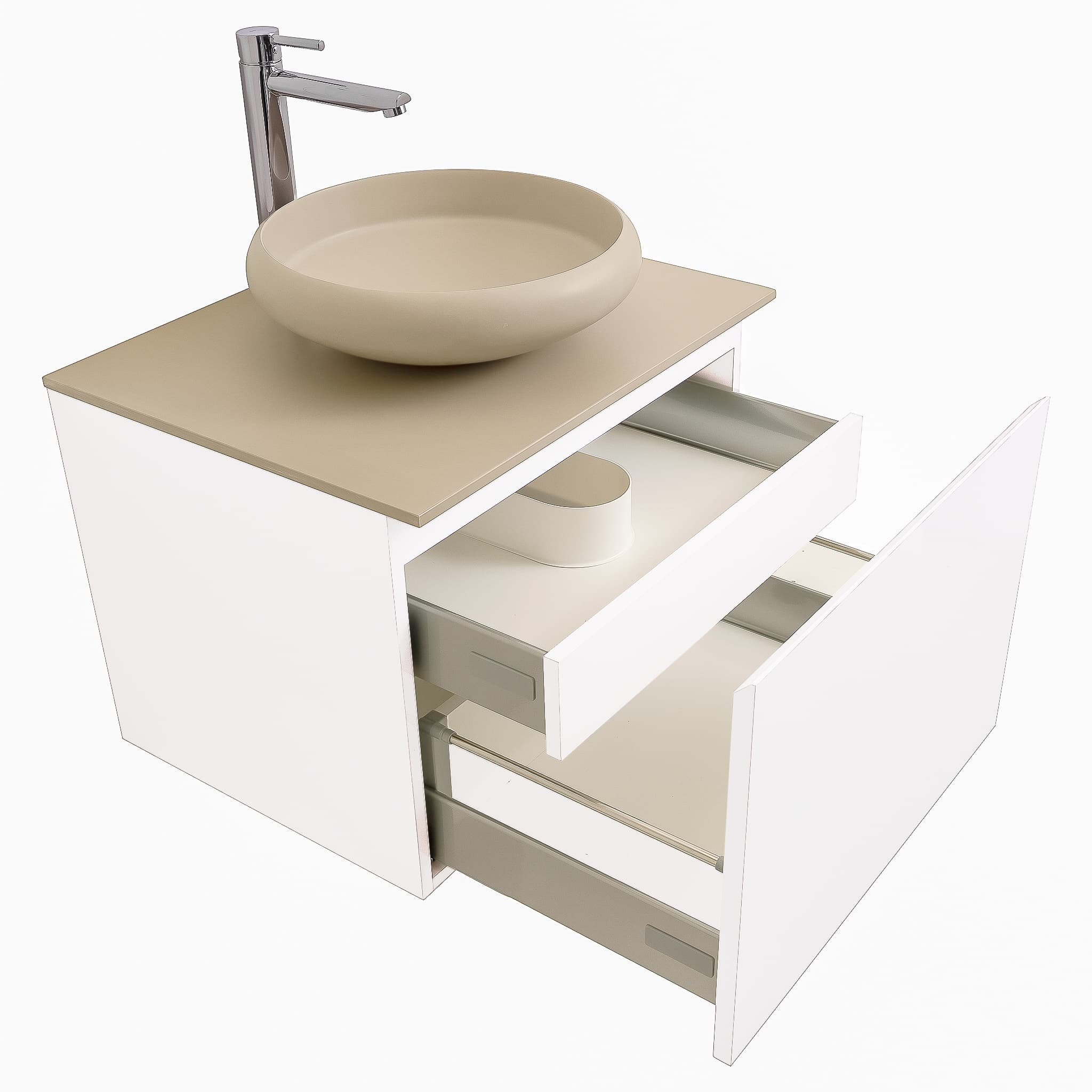 Venice 23.5 White High Gloss Cabinet, Solid Surface Flat Taupe Counter And Round Solid Surface Taupe Basin 1153, Wall Mounted Modern Vanity Set