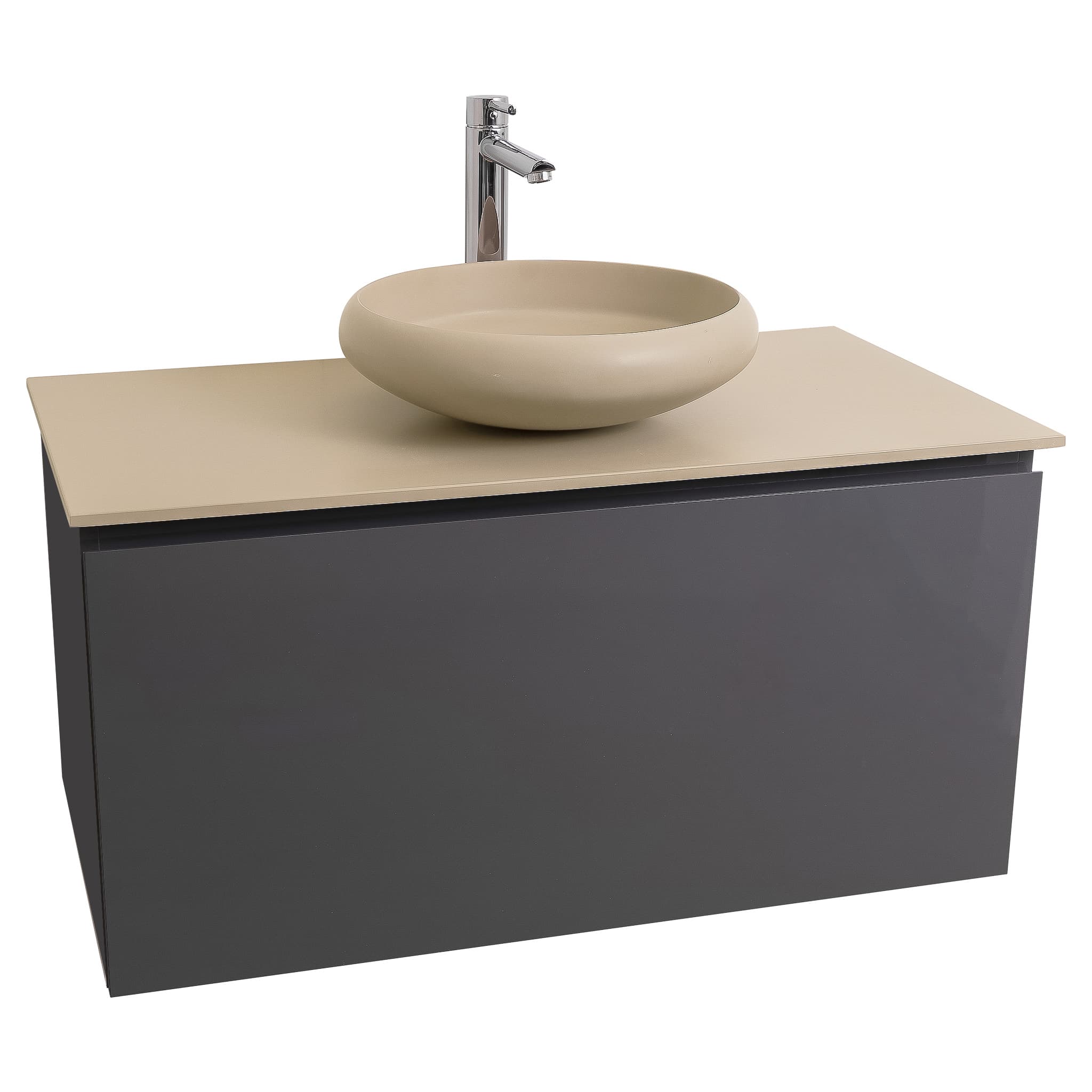 Venice 31.5 Anthracite High Gloss Cabinet, Solid Surface Flat Taupe Counter And Round Solid Surface Taupe Basin 1153, Wall Mounted Modern Vanity Set