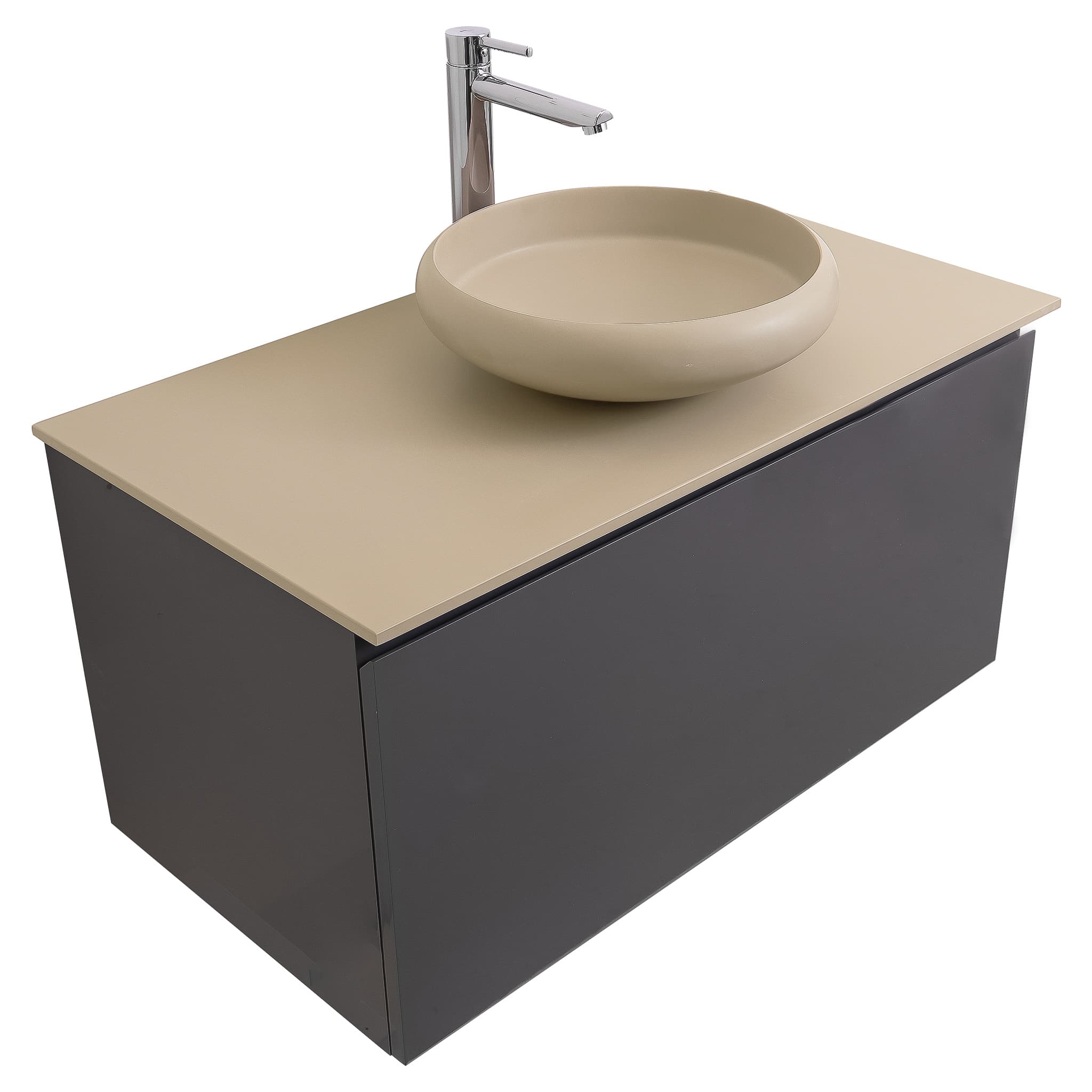 Venice 31.5 Anthracite High Gloss Cabinet, Solid Surface Flat Taupe Counter And Round Solid Surface Taupe Basin 1153, Wall Mounted Modern Vanity Set