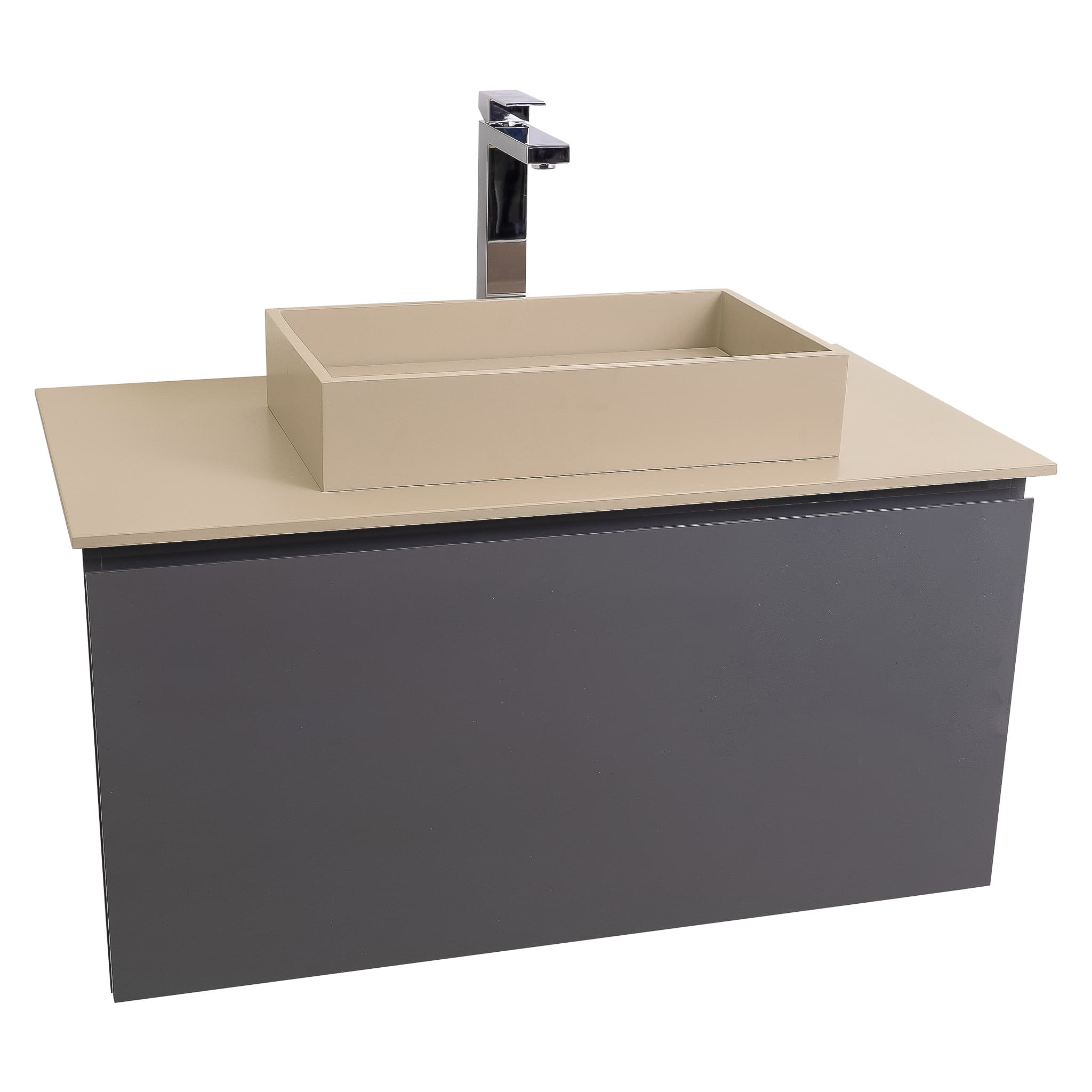 Venice 31.5 Anthracite High Gloss Cabinet, Solid Surface Flat Taupe Counter And Infinity Square Solid Surface Taupe Basin 1329, Wall Mounted Modern Vanity Set