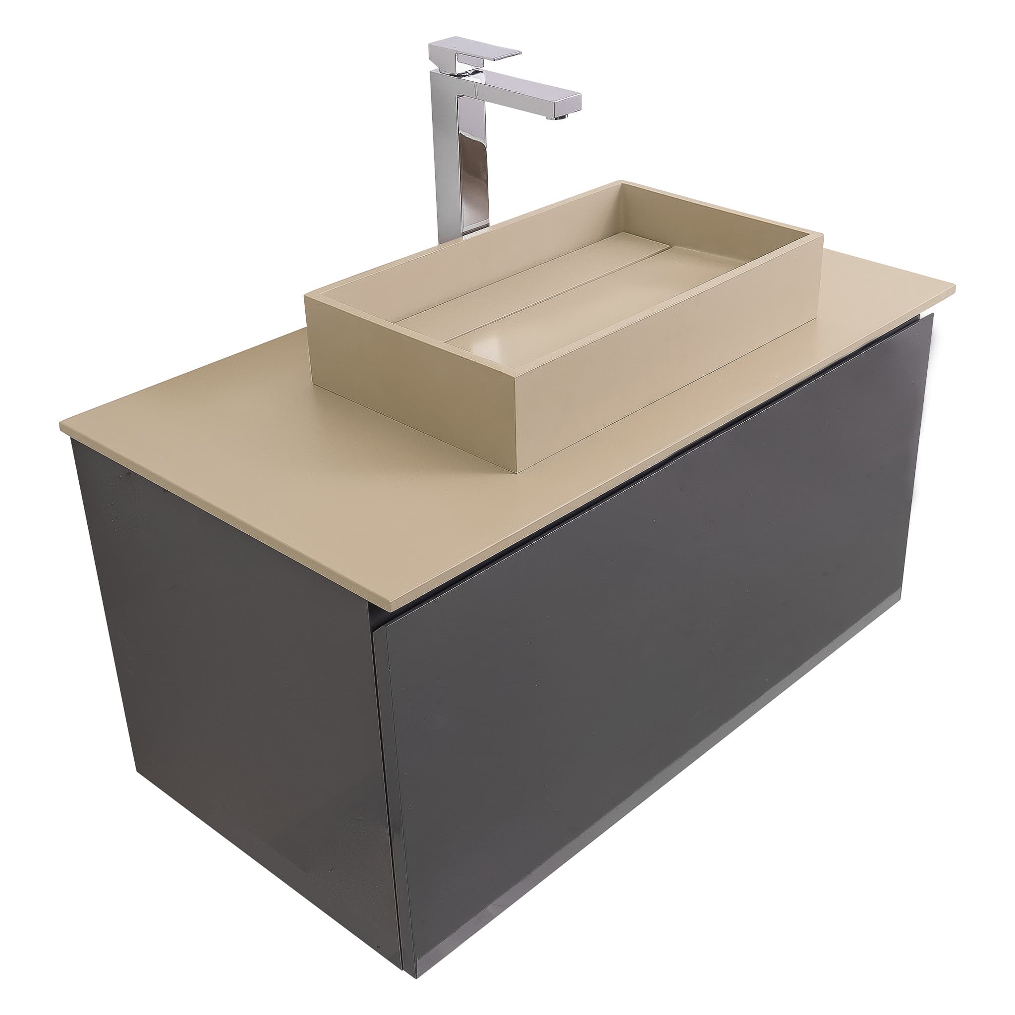 Venice 31.5 Anthracite High Gloss Cabinet, Solid Surface Flat Taupe Counter And Infinity Square Solid Surface Taupe Basin 1329, Wall Mounted Modern Vanity Set