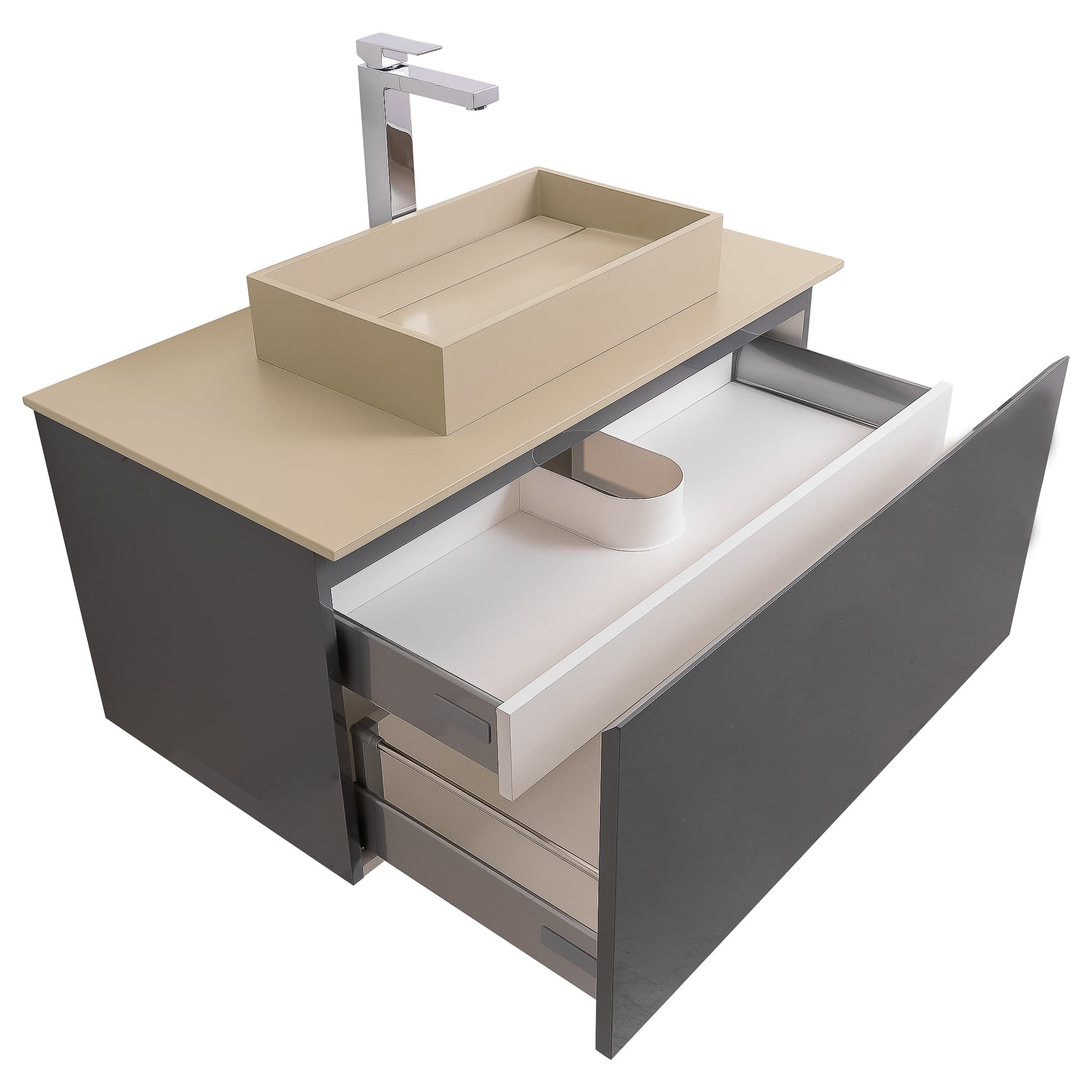 Venice 31.5 Anthracite High Gloss Cabinet, Solid Surface Flat Taupe Counter And Infinity Square Solid Surface Taupe Basin 1329, Wall Mounted Modern Vanity Set