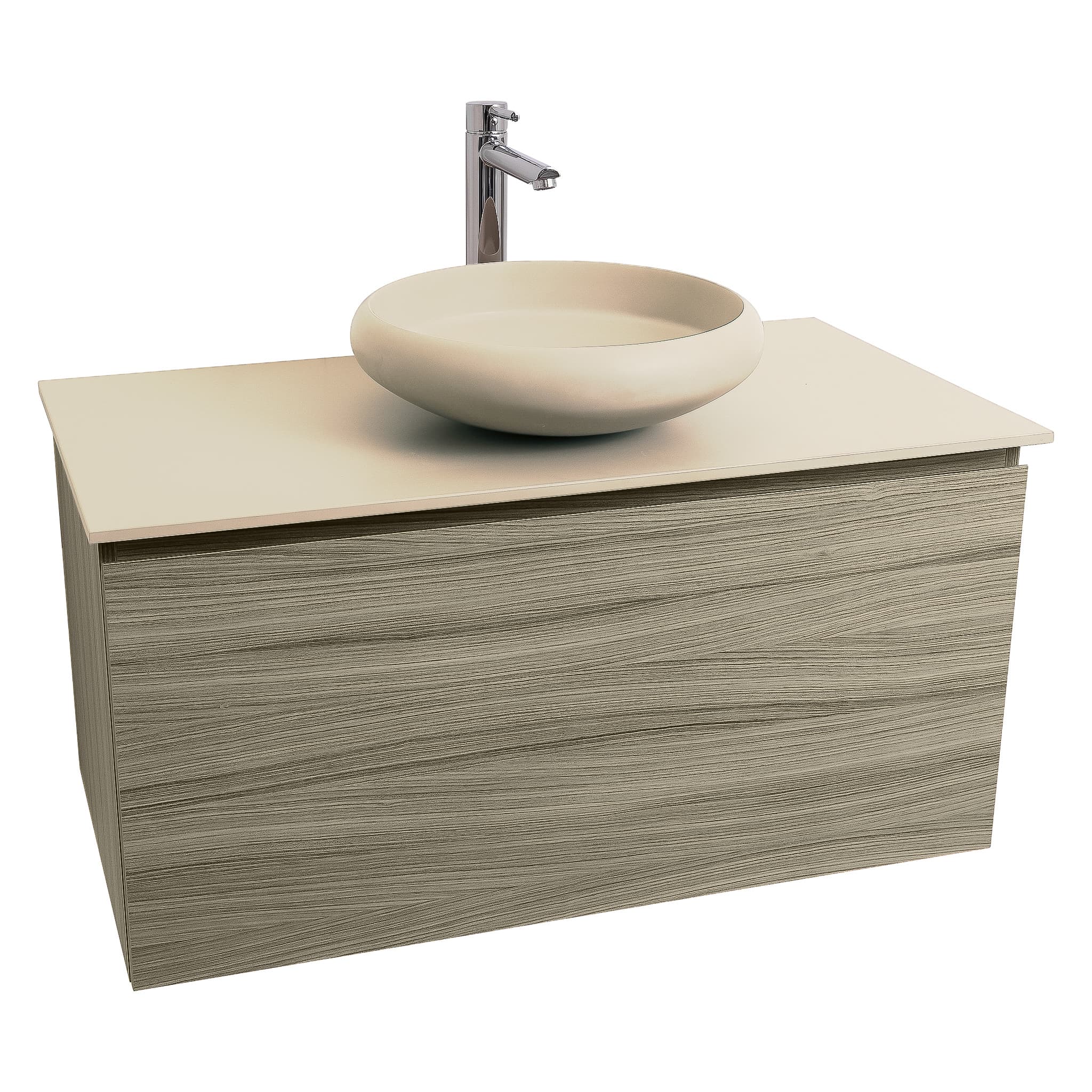 Venice 31.5 Nilo Grey Wood Texture Cabinet, Solid Surface Flat Taupe Counter And Round Solid Surface Taupe Basin 1153, Wall Mounted Modern Vanity Set