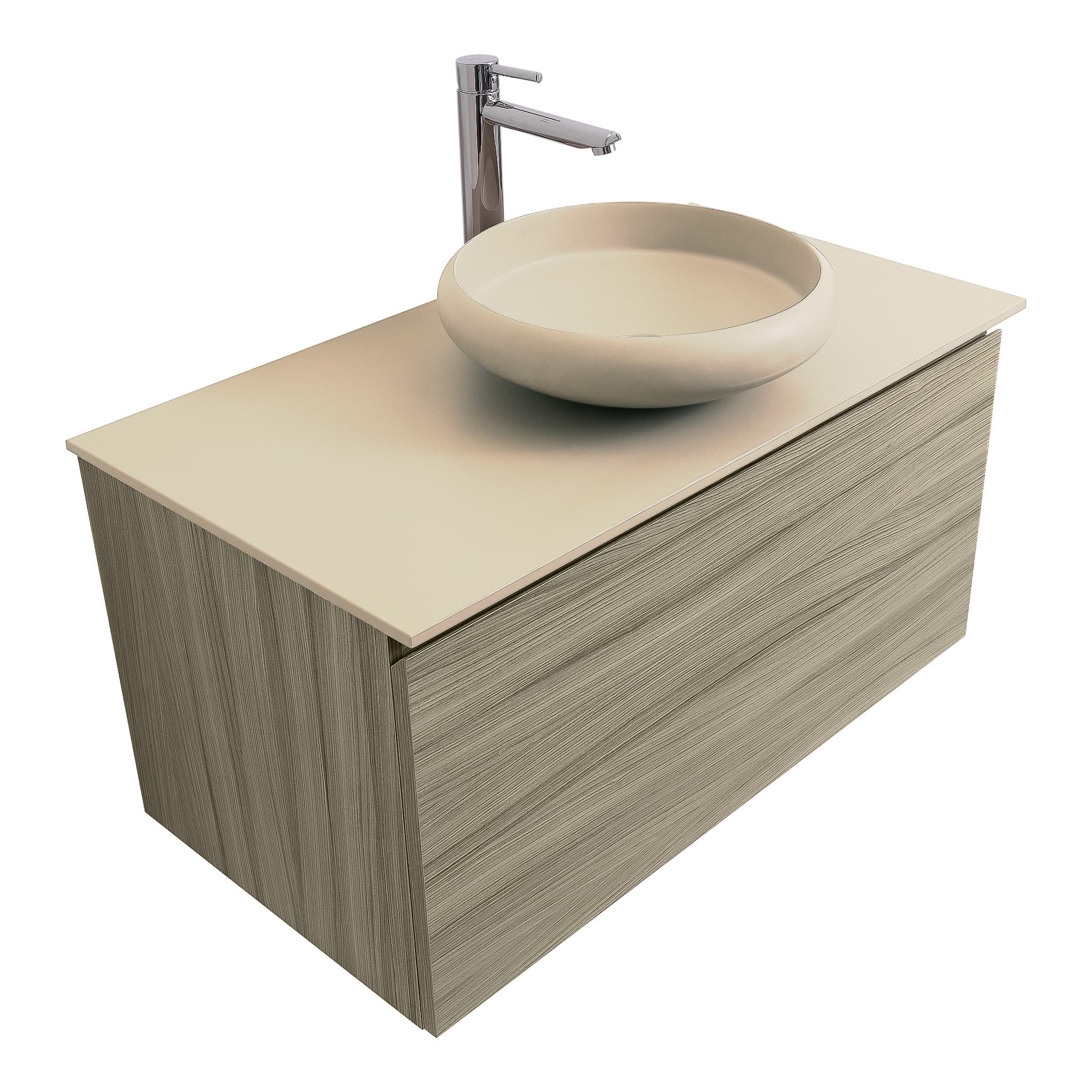 Venice 31.5 Nilo Grey Wood Texture Cabinet, Solid Surface Flat Taupe Counter And Round Solid Surface Taupe Basin 1153, Wall Mounted Modern Vanity Set