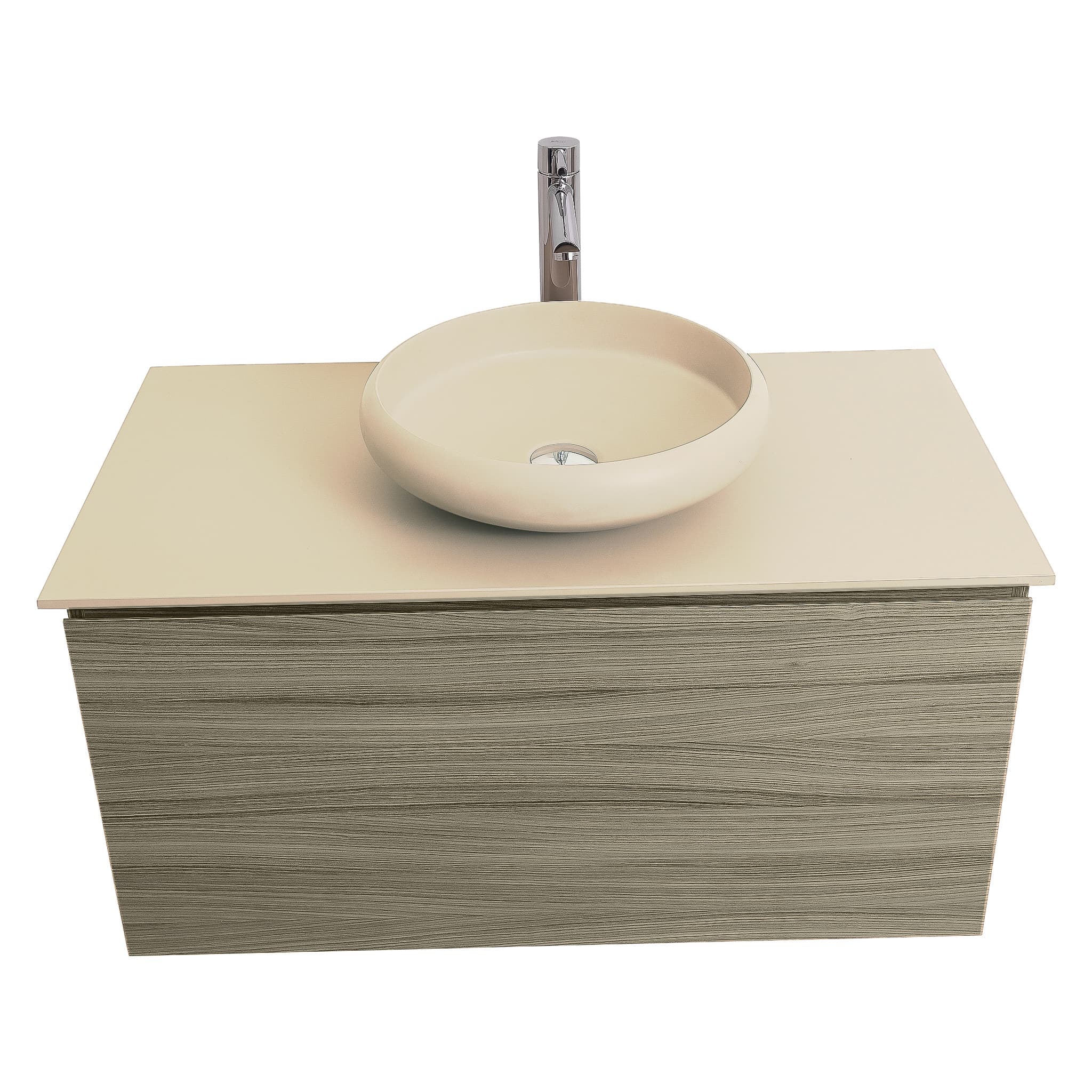 Venice 31.5 Nilo Grey Wood Texture Cabinet, Solid Surface Flat Taupe Counter And Round Solid Surface Taupe Basin 1153, Wall Mounted Modern Vanity Set