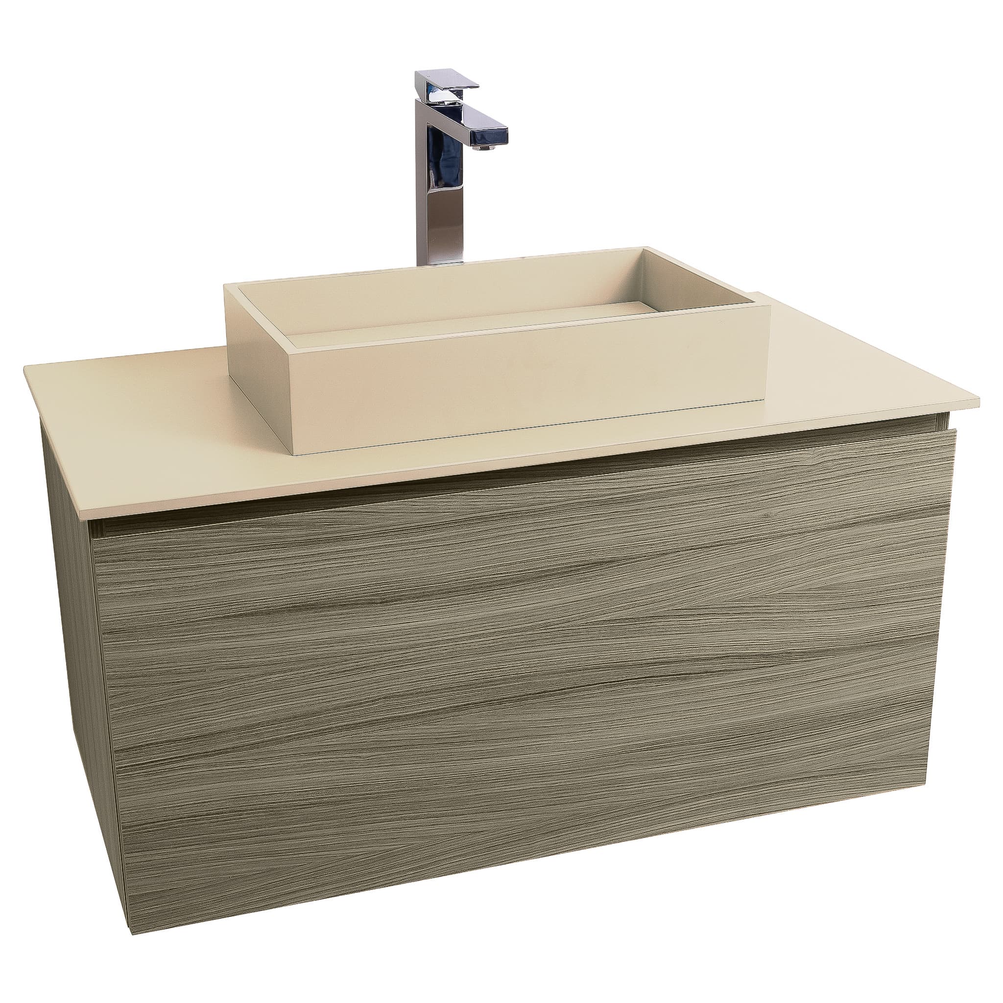 Venice 31.5 Nilo Grey Wood Texture Cabinet, Solid Surface Flat Taupe Counter And Infinity Square Solid Surface Taupe Basin 1329, Wall Mounted Modern Vanity Set