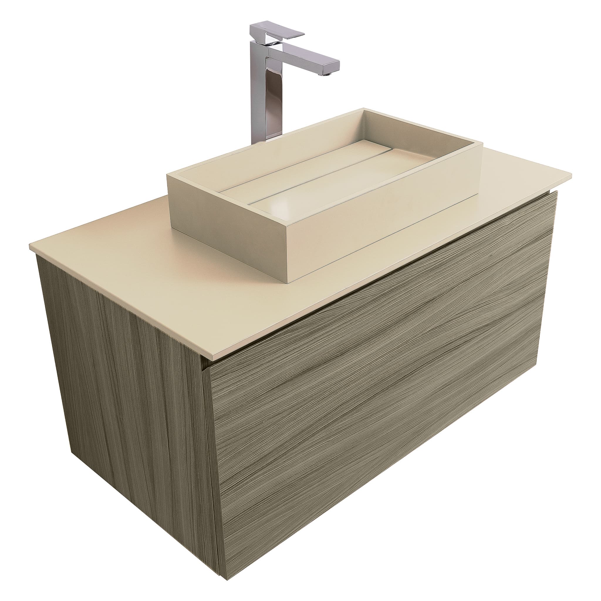 Venice 31.5 Nilo Grey Wood Texture Cabinet, Solid Surface Flat Taupe Counter And Infinity Square Solid Surface Taupe Basin 1329, Wall Mounted Modern Vanity Set