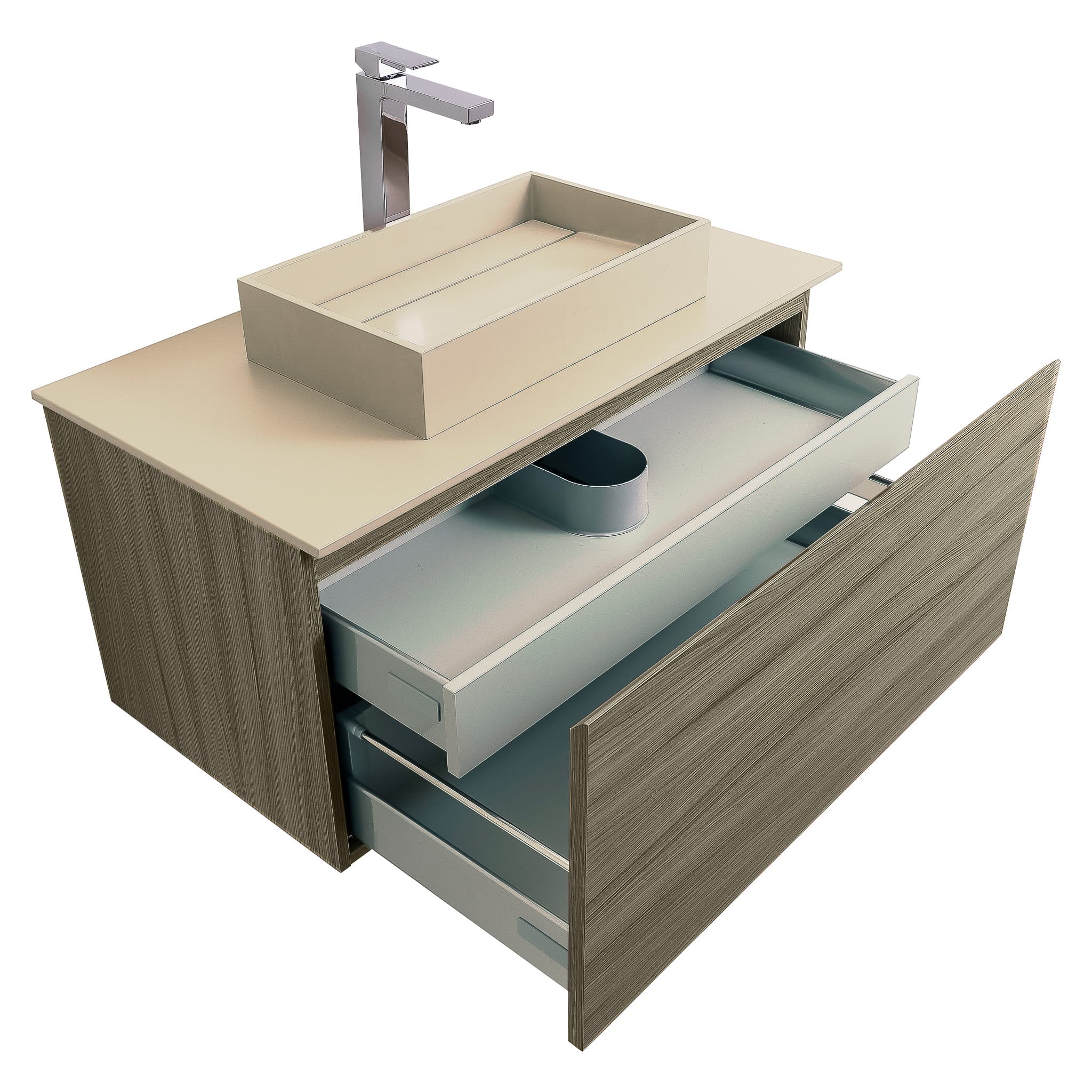 Venice 31.5 Nilo Grey Wood Texture Cabinet, Solid Surface Flat Taupe Counter And Infinity Square Solid Surface Taupe Basin 1329, Wall Mounted Modern Vanity Set