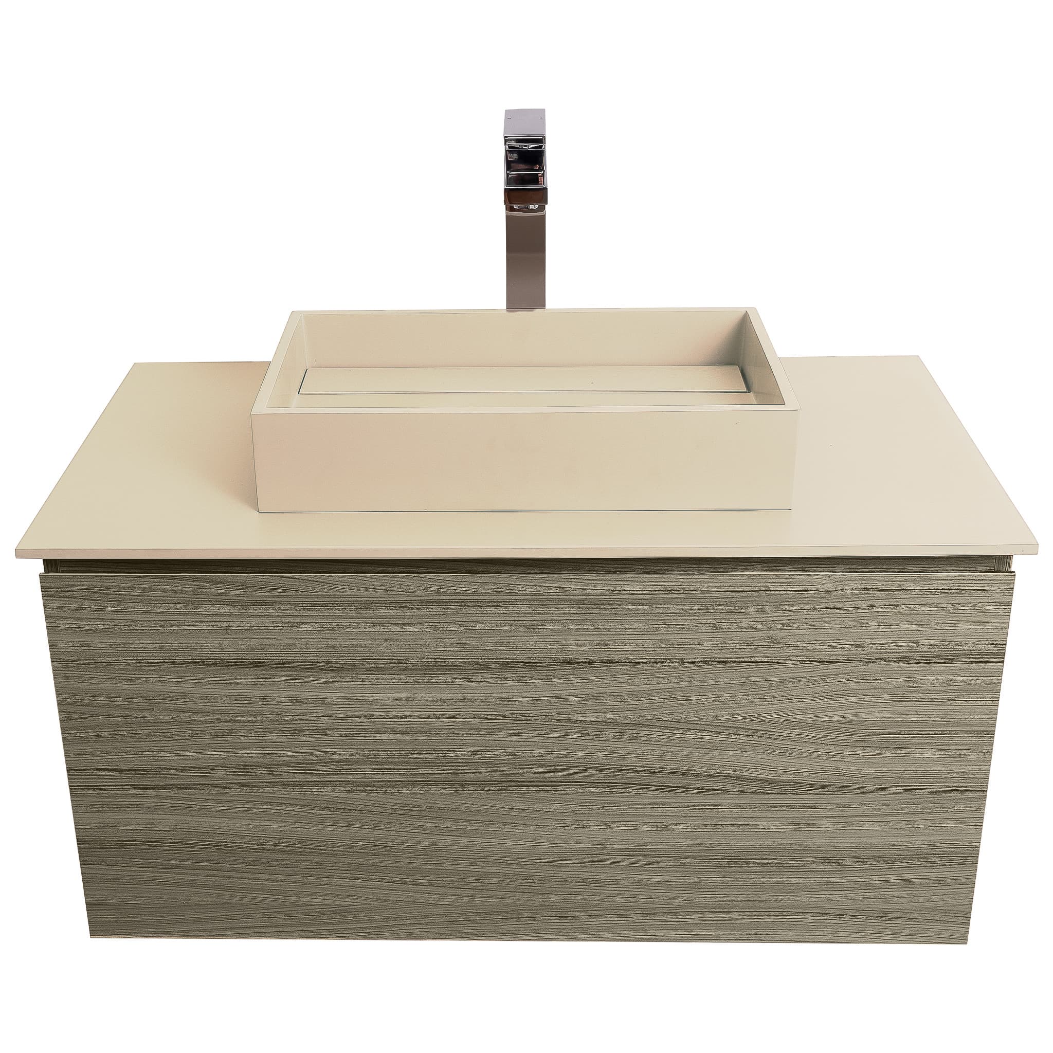 Venice 31.5 Nilo Grey Wood Texture Cabinet, Solid Surface Flat Taupe Counter And Infinity Square Solid Surface Taupe Basin 1329, Wall Mounted Modern Vanity Set