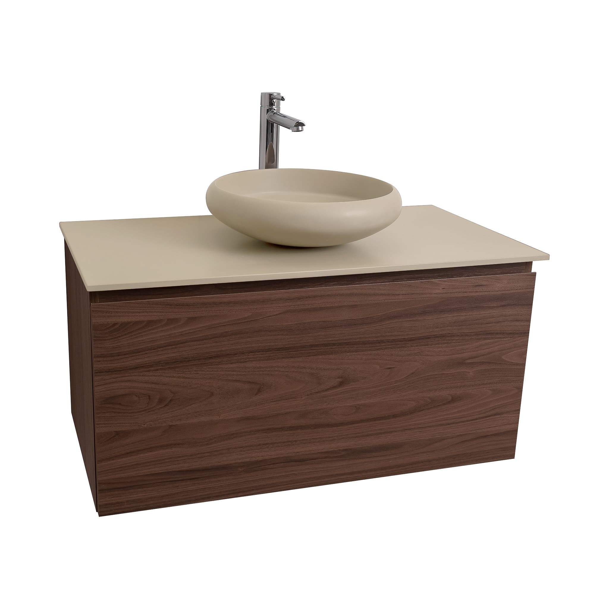 Venice 31.5 Walnut Wood Texture Cabinet, Solid Surface Flat Taupe Counter And Round Solid Surface Taupe Basin 1153, Wall Mounted Modern Vanity Set
