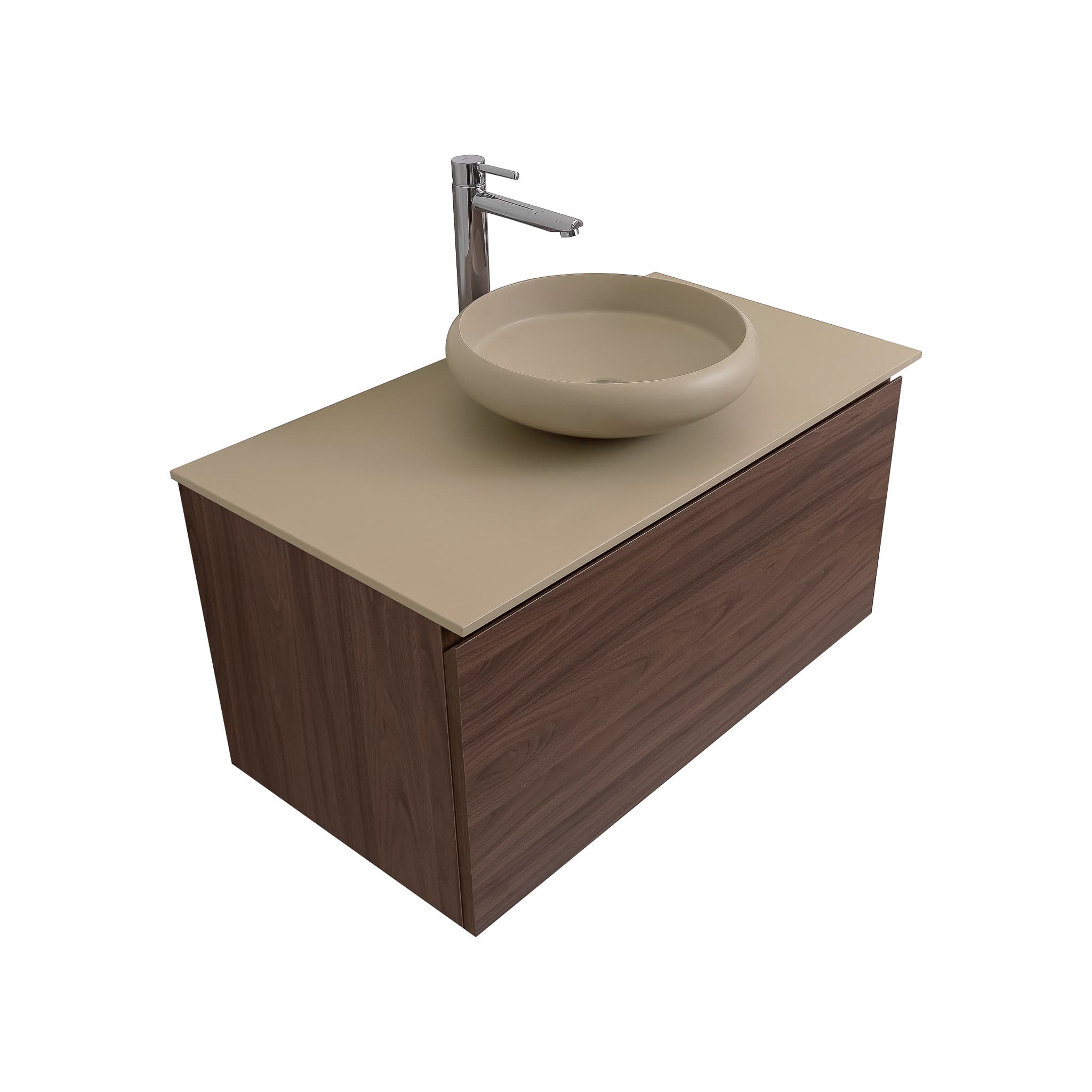 Venice 31.5 Walnut Wood Texture Cabinet, Solid Surface Flat Taupe Counter And Round Solid Surface Taupe Basin 1153, Wall Mounted Modern Vanity Set