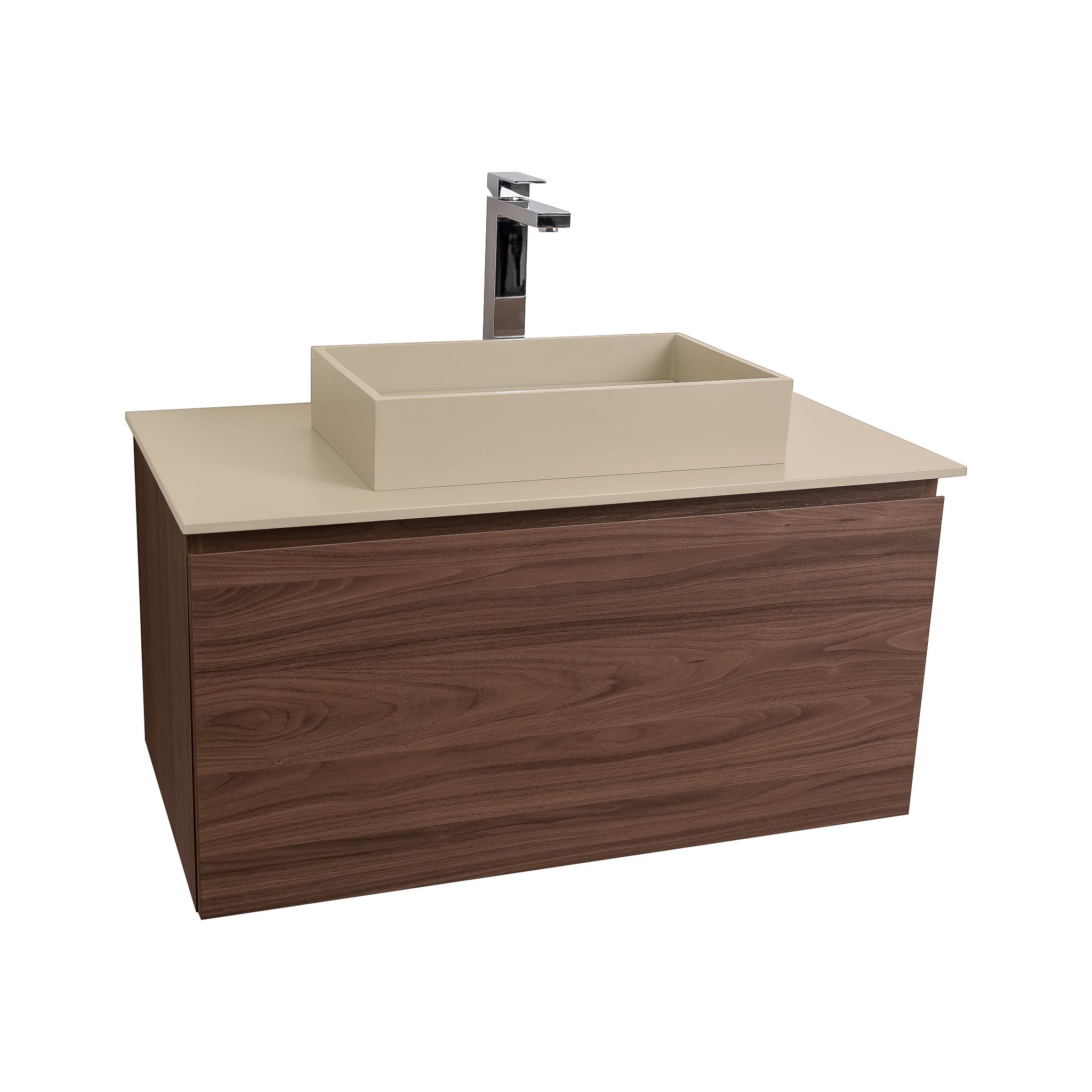 Venice 31.5 Walnut Wood Texture Cabinet, Solid Surface Flat Taupe Counter And Infinity Square Solid Surface Taupe Basin 1329, Wall Mounted Modern Vanity Set