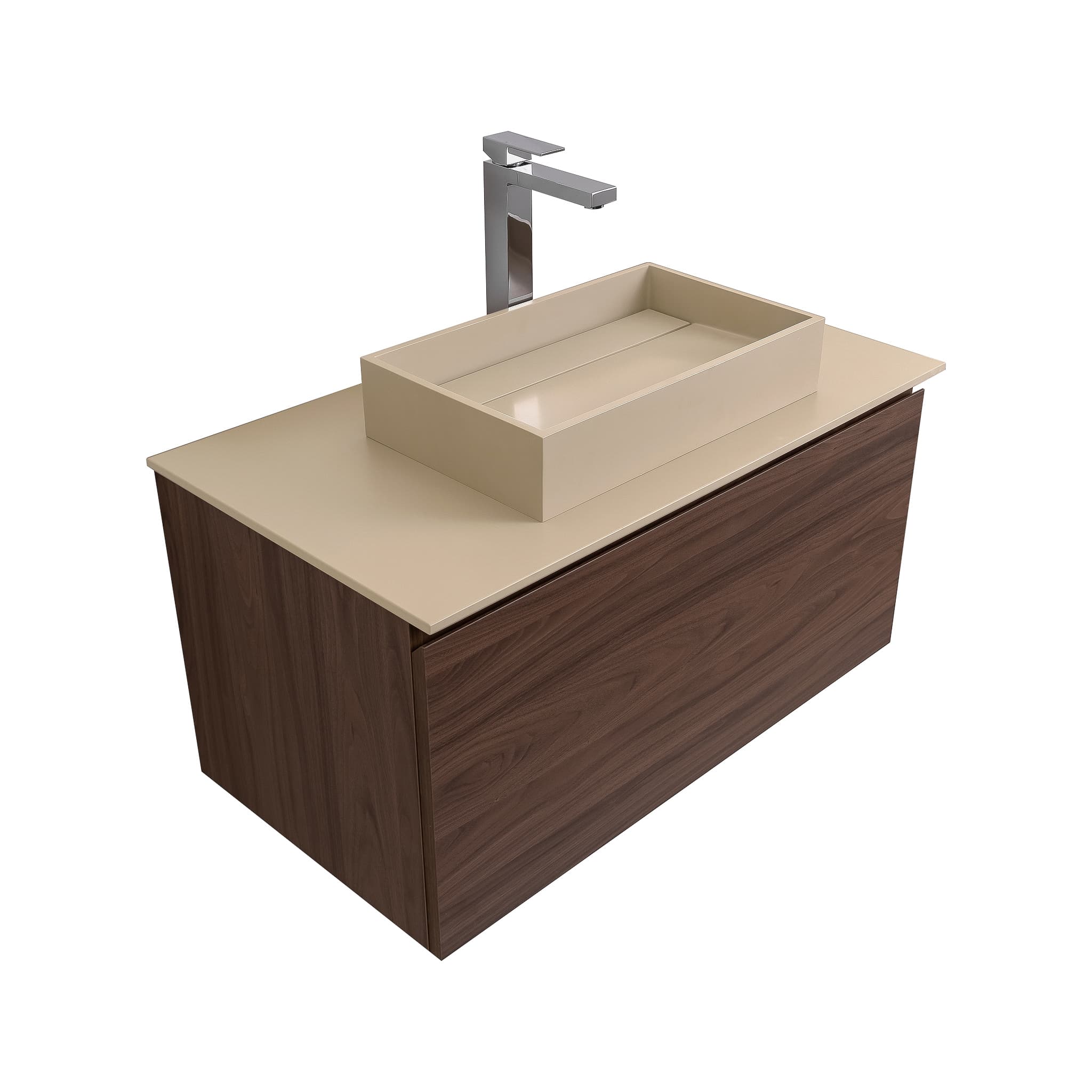 Venice 31.5 Walnut Wood Texture Cabinet, Solid Surface Flat Taupe Counter And Infinity Square Solid Surface Taupe Basin 1329, Wall Mounted Modern Vanity Set