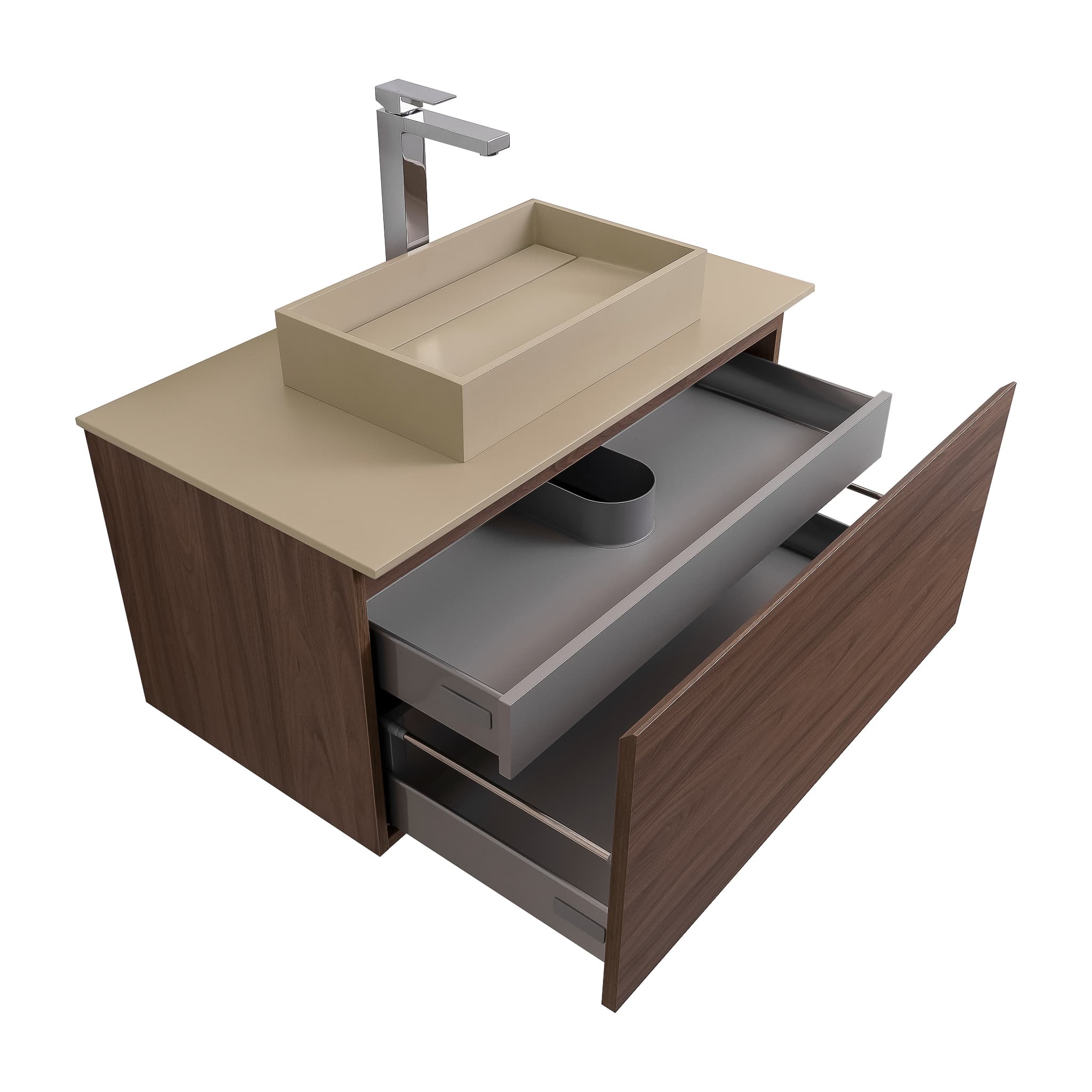 Venice 31.5 Walnut Wood Texture Cabinet, Solid Surface Flat Taupe Counter And Infinity Square Solid Surface Taupe Basin 1329, Wall Mounted Modern Vanity Set