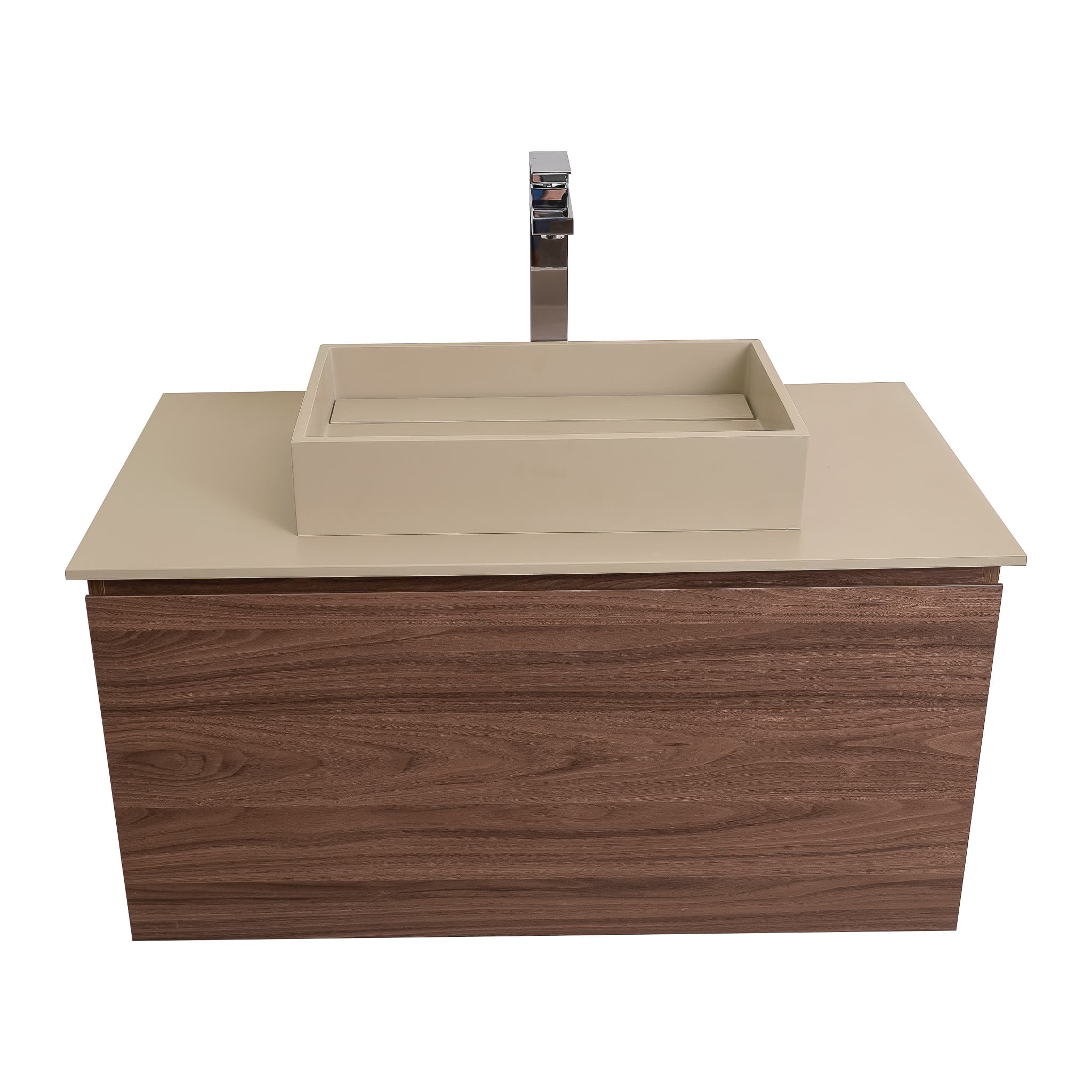 Venice 31.5 Walnut Wood Texture Cabinet, Solid Surface Flat Taupe Counter And Infinity Square Solid Surface Taupe Basin 1329, Wall Mounted Modern Vanity Set